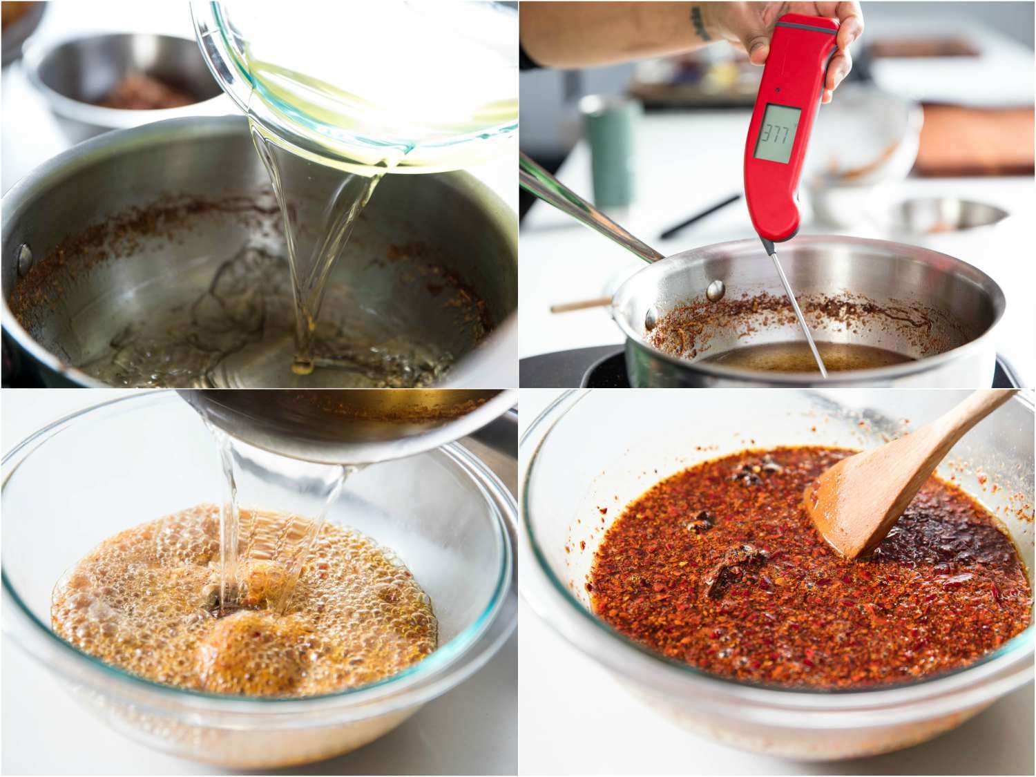 A 4-image collage: oil added to pot, heated up, and poured over spices and dried chiles.