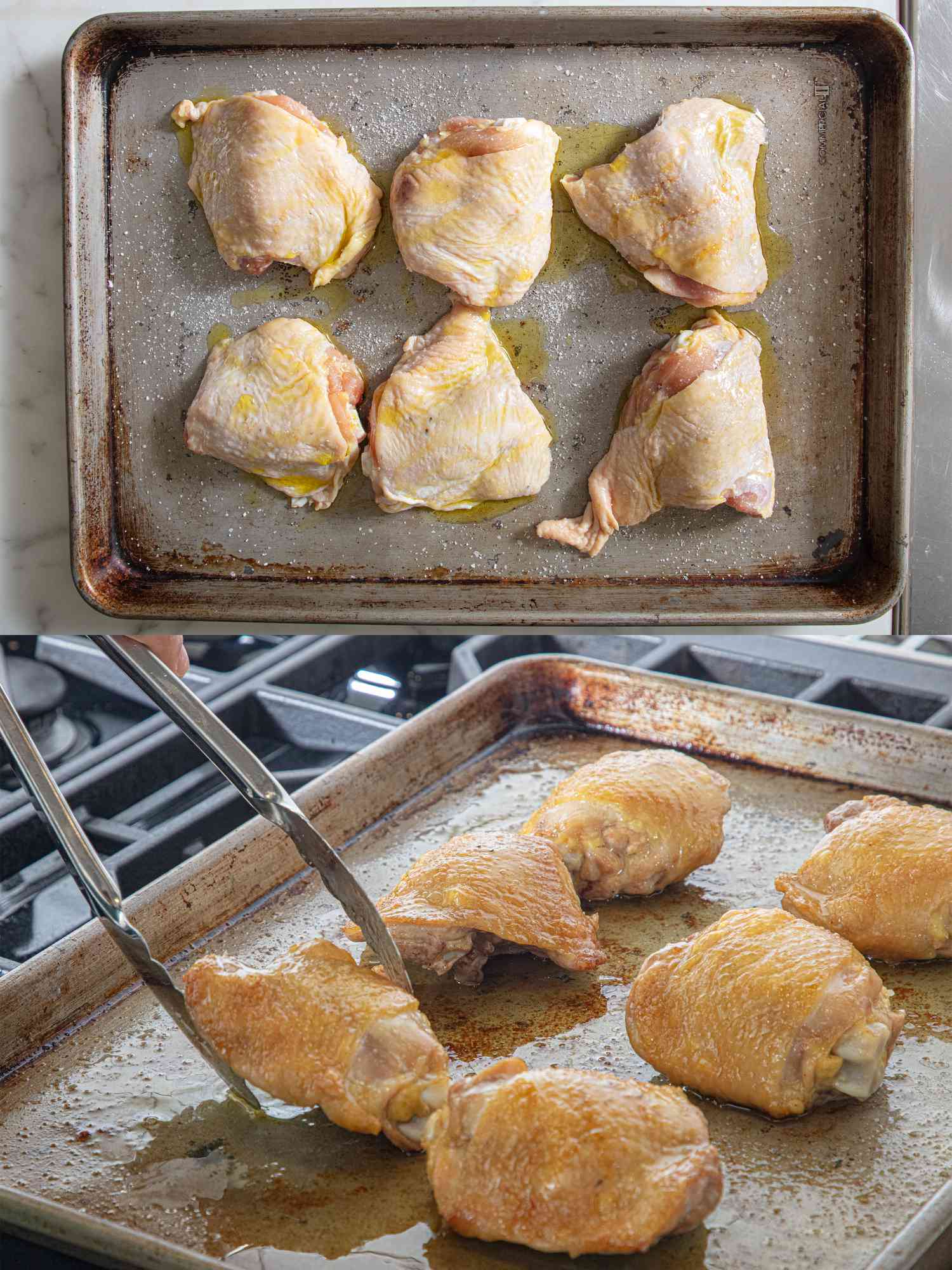 Raw chicken thighs on a baking sheet, cooked chicken thighs being handled with tongs on another baking sheet