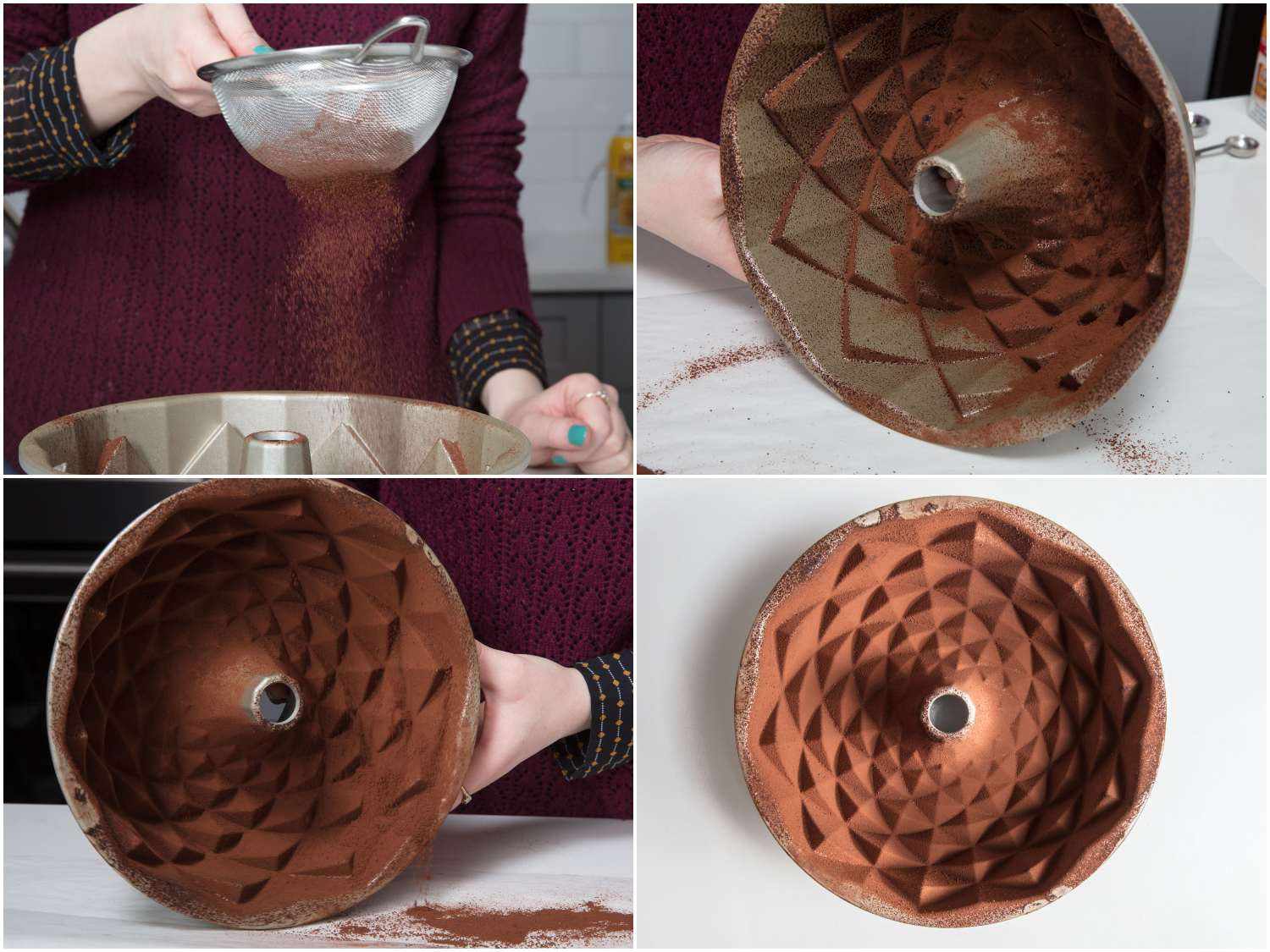 Collage of four images showing preparing a bundt pan by dusting the inside with cocoa powder.