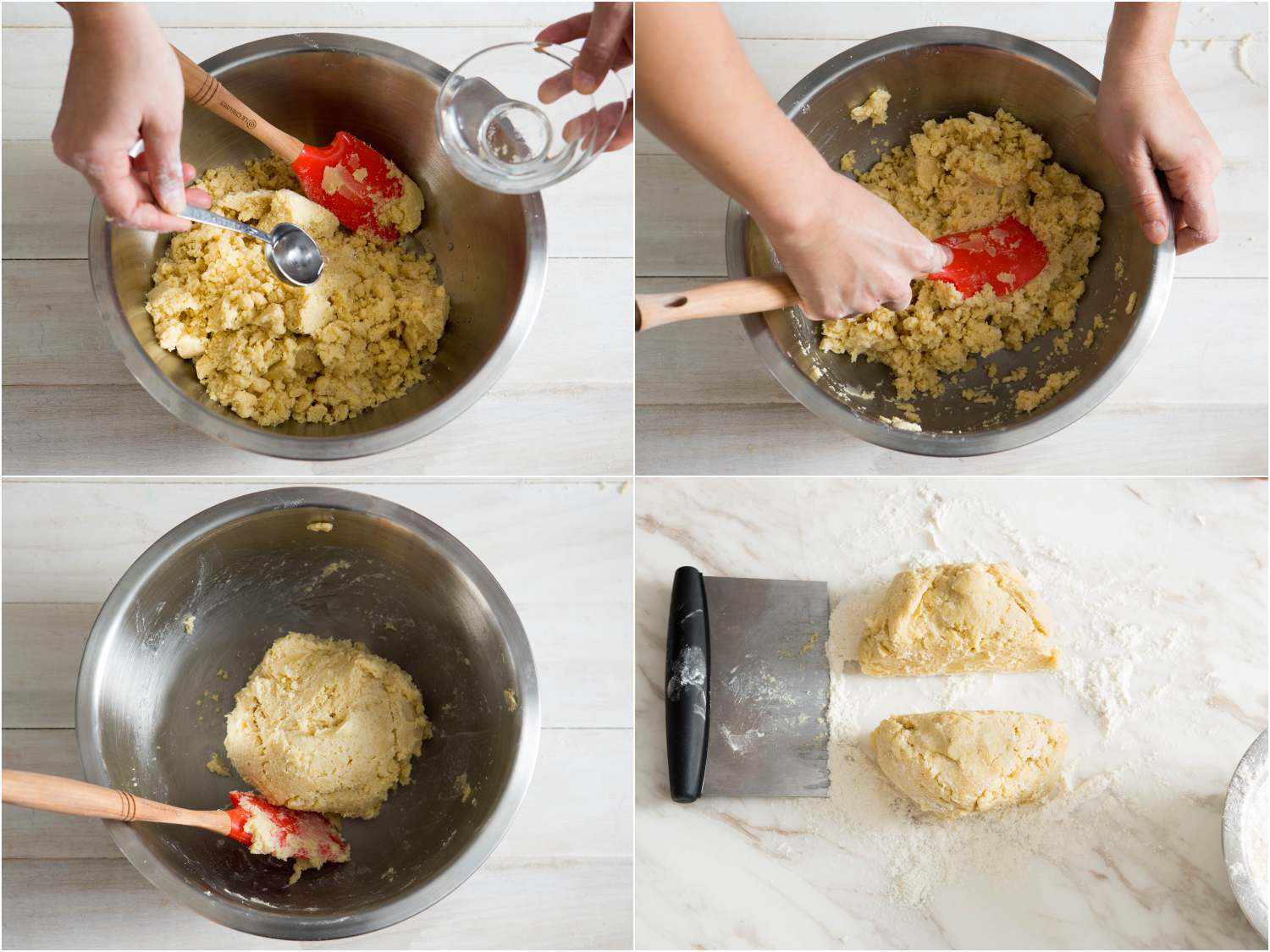 Photo collage showing adding water to processed pie dough, incorporating it with a spatula, and dividing it into two halves.