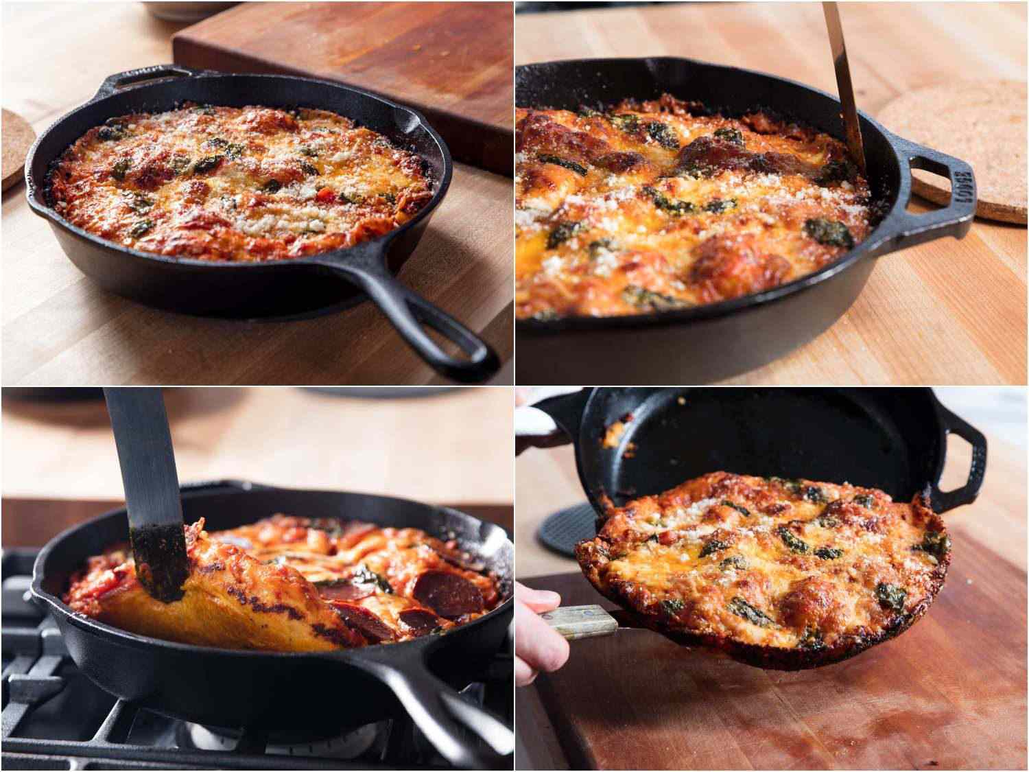 Collage of hot pan pizza being removed from cast iron pan.