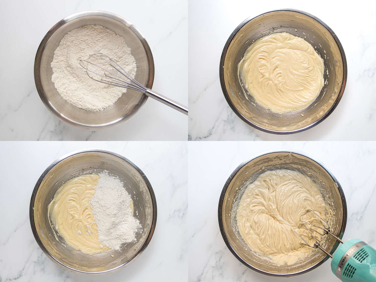 Four image collage of mixing cake batter