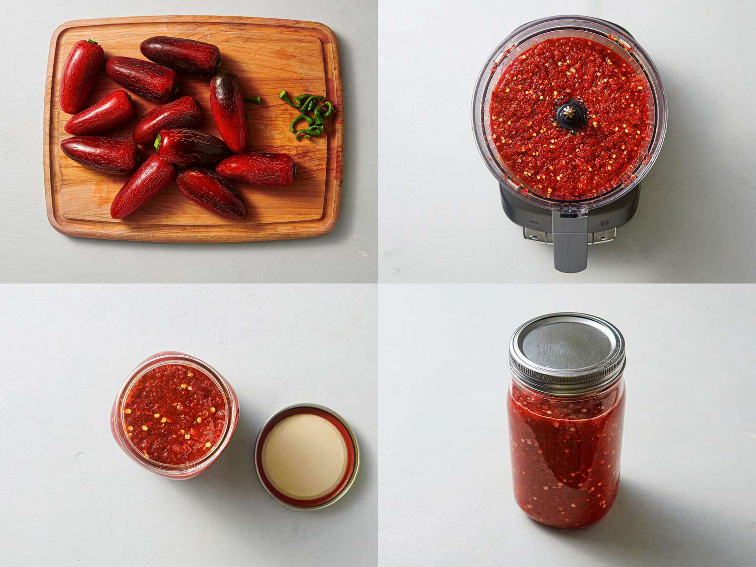 JalapeÃ±os, garlic, sugar, and salt pulsed until chiles are very finely chopped, and the mixture transferred to a clean jar and sealed