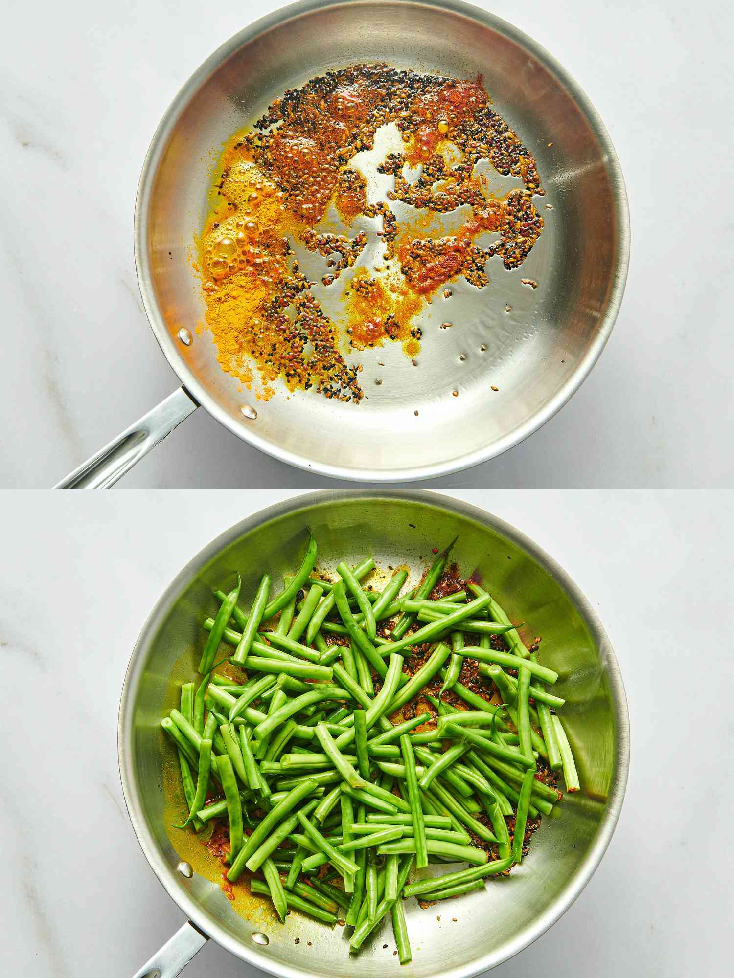 Cooking spices and green beans in a pan, two-step process shown