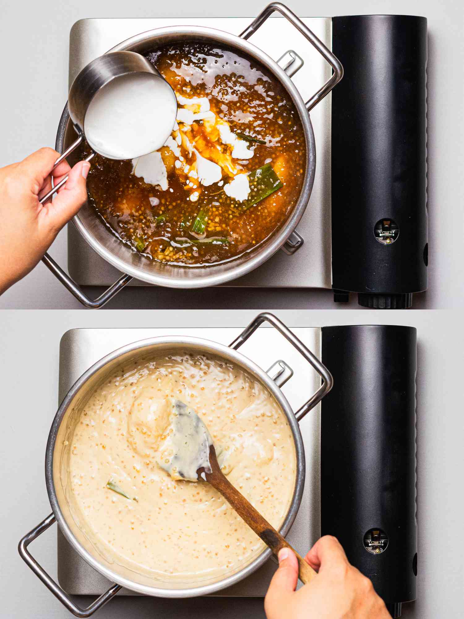 Two image collage of adding coconut milk and finsihed pengat pisang