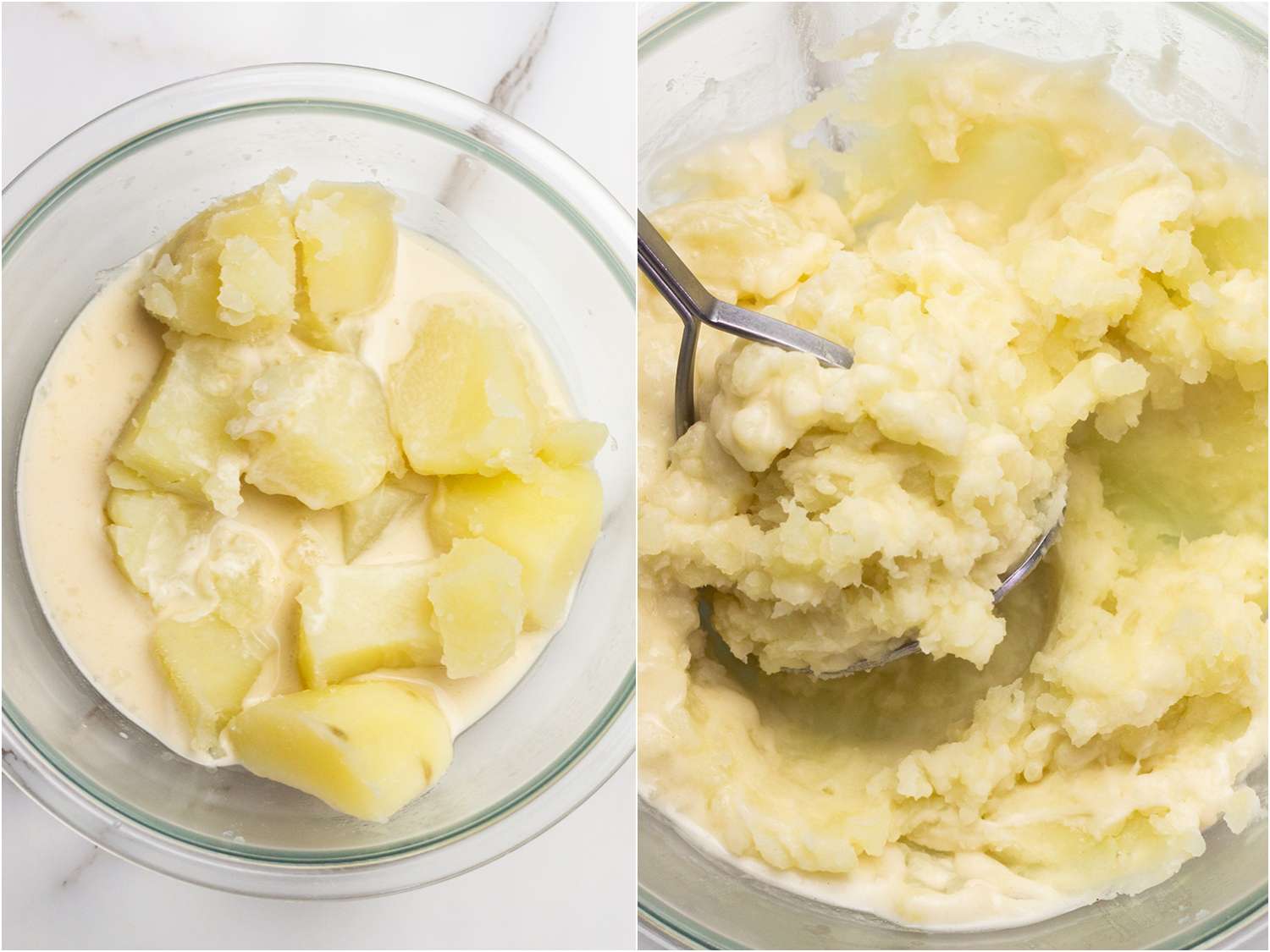 Collage of photos of creating dough with boiled potatoes and potato starch/dashi slurry