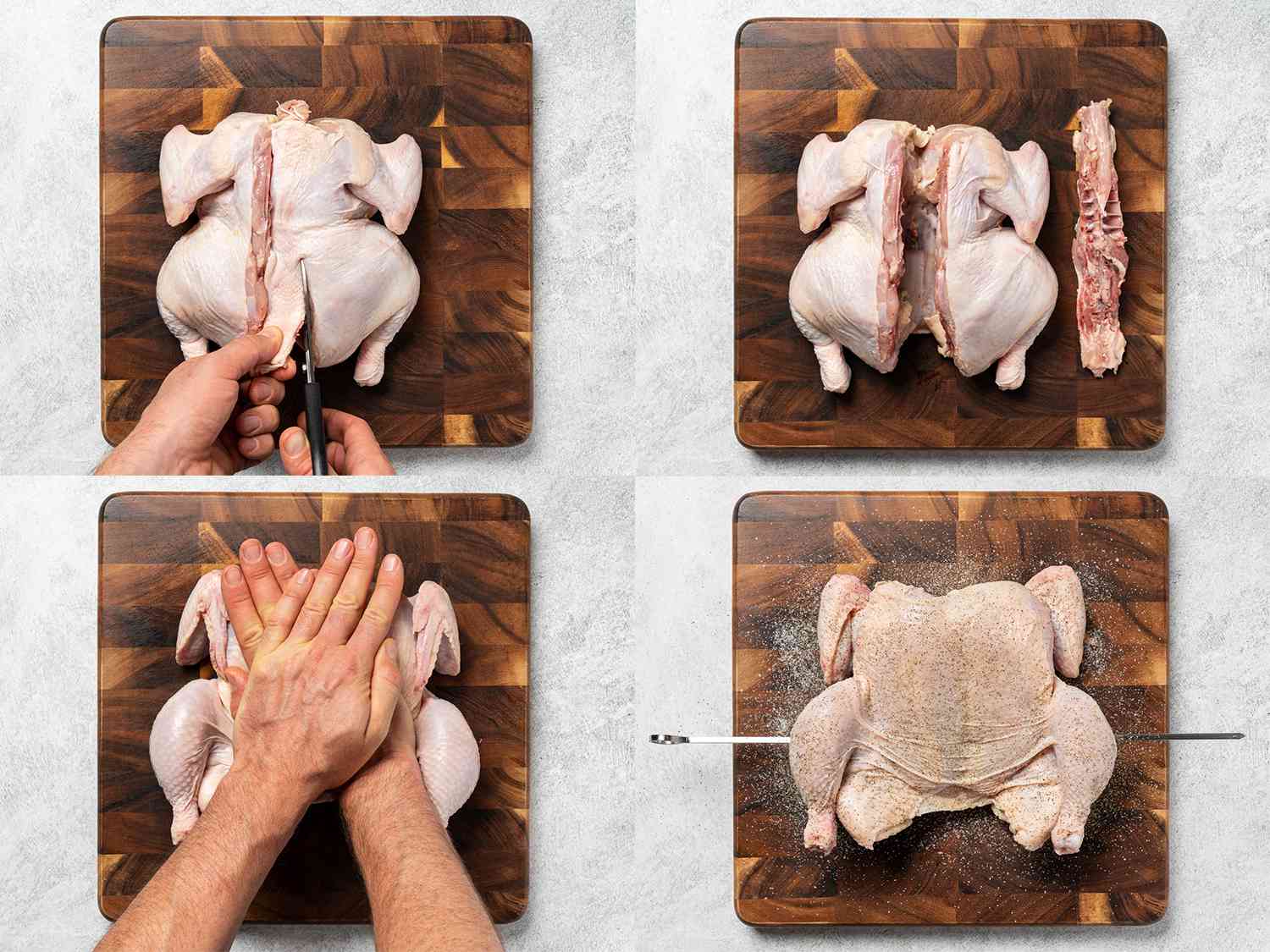 A four-image collage. Moving clockwise, the top left image shows a whole chicken placed skin-side up on a wooden cutting board with a pair of hands holding scissors which are being used to cut the backbone out of the chicken. The top right image shows the chicken with the backbone removed, and the backbone now placed to the right of the chicken on the cutting board. The bottom left image shows the chicken, now flipped over, with two hands pressing down firmly on the breast bone, which spreads the chicken out. The bottom right image shows the now-flattened chicken with a metal skewer threading through the legs and thighs (which helps to keep it flat as it cooks), and the surface of the chicken has been seasoned with salt and pepper.