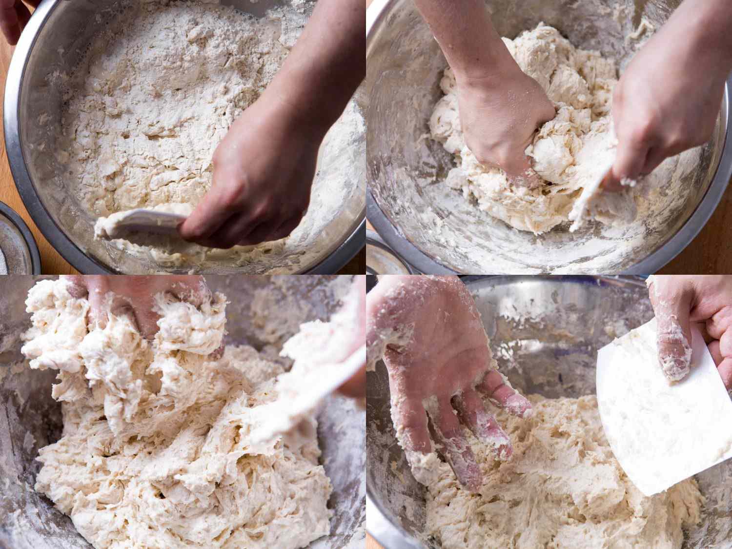 A collage of four images showing a very wet and shaggy bread dough in a metal mixing bowl as two hands use a bench scraper to mix it together.