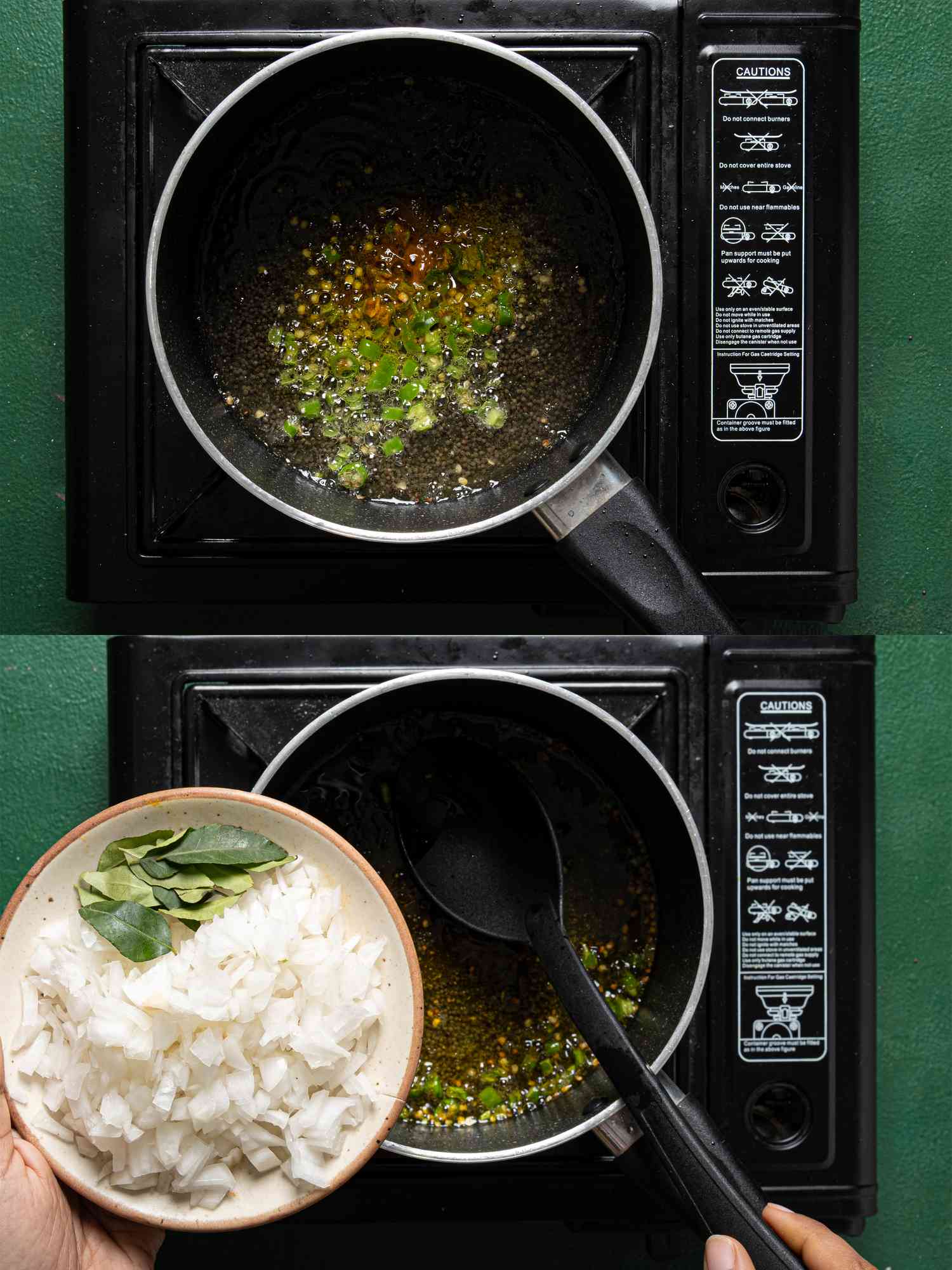 Two image collage of cooking green onions and adding onions and bay leaves