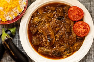 Overhead view of finished eggplant stew
