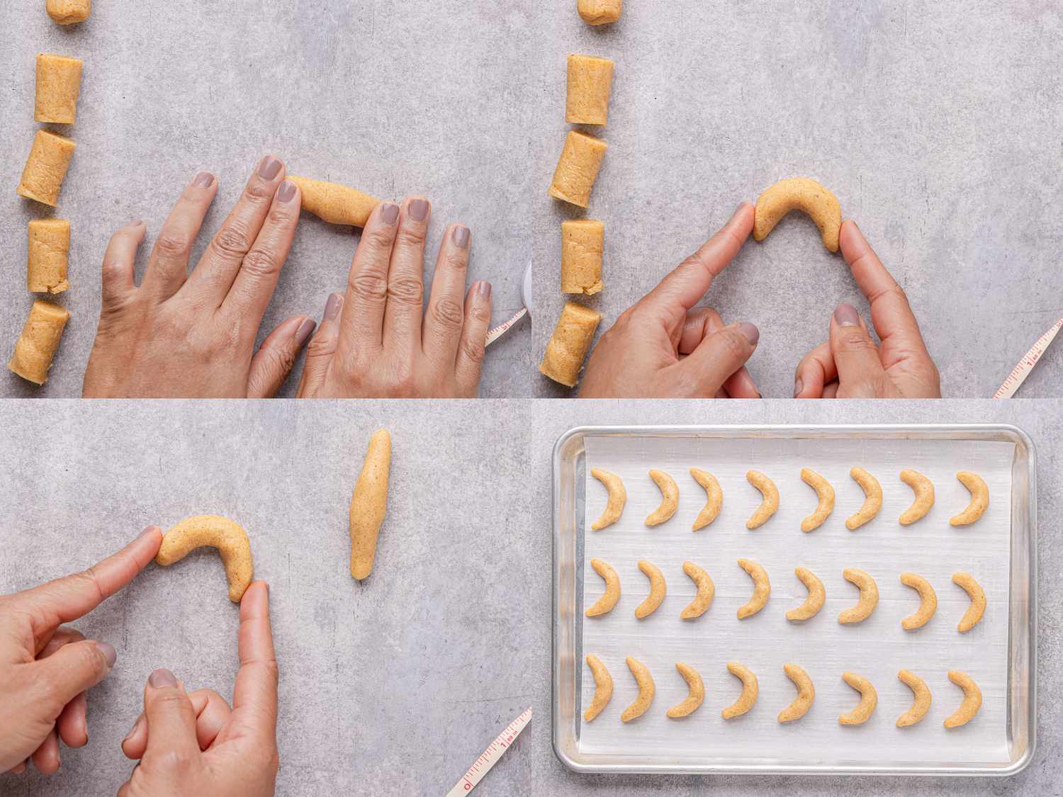 Steps for shaping Vanillekipferl cookies showing hands forming dough into crescents and arranging them on a baking tray in rows