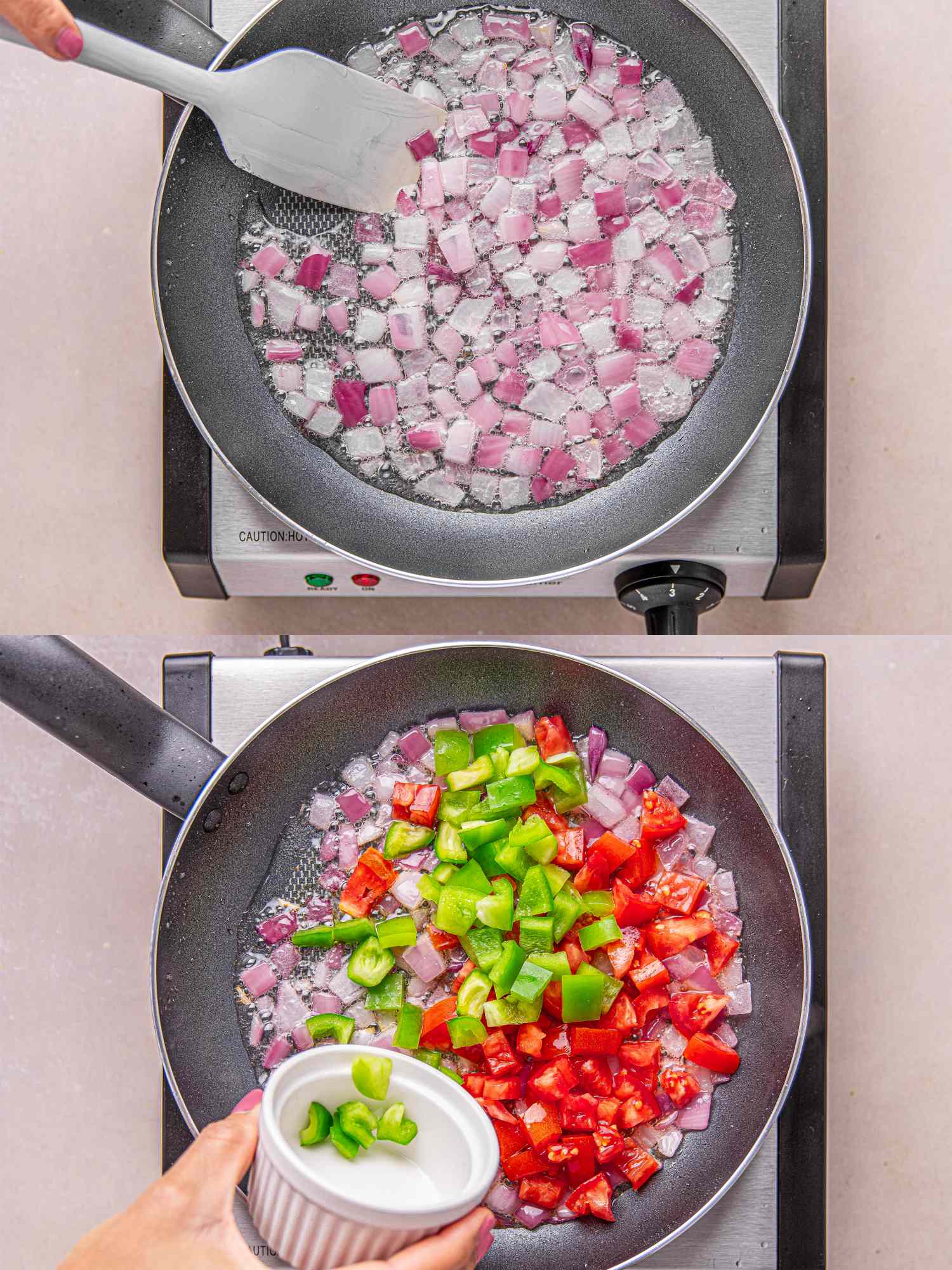 Cooking process of Nigerian omelet preparation sauted onions peppers and tomatoes being added in a frying pan on a stovetop