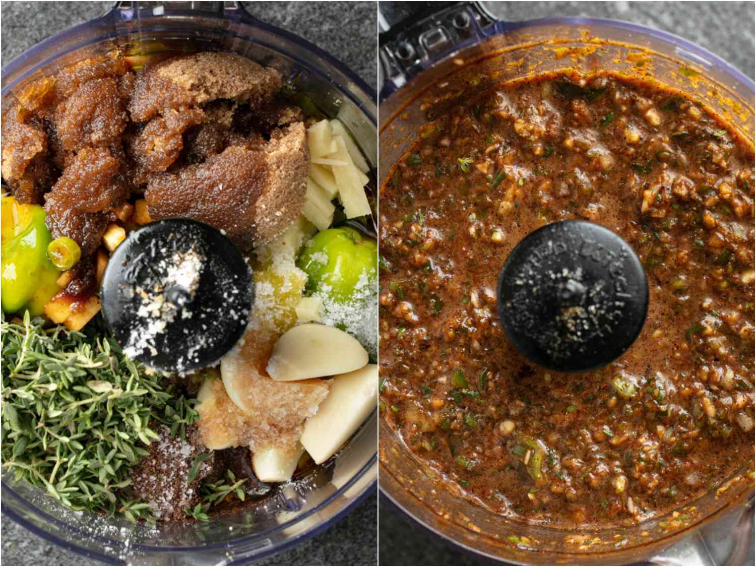 collage: before and after ingredients blended in a food processor for jerk chicken marinade