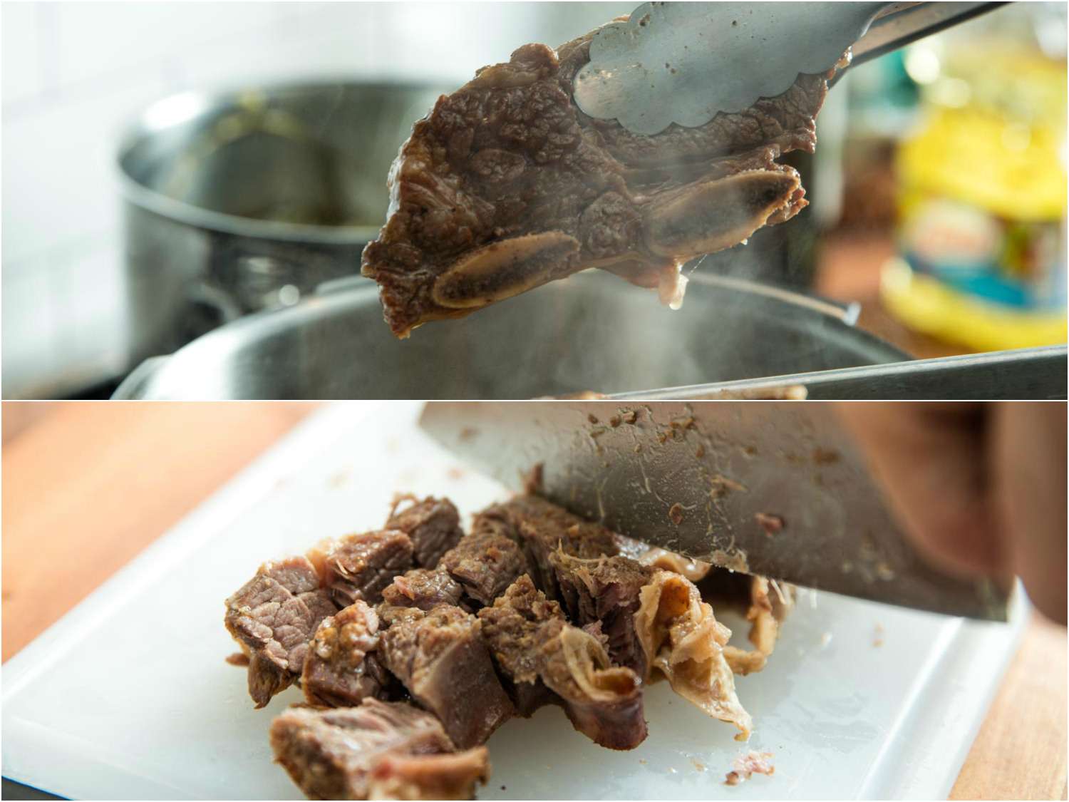 A two-image collage showing removing cooked short ribs and chopping up meat into chunks.