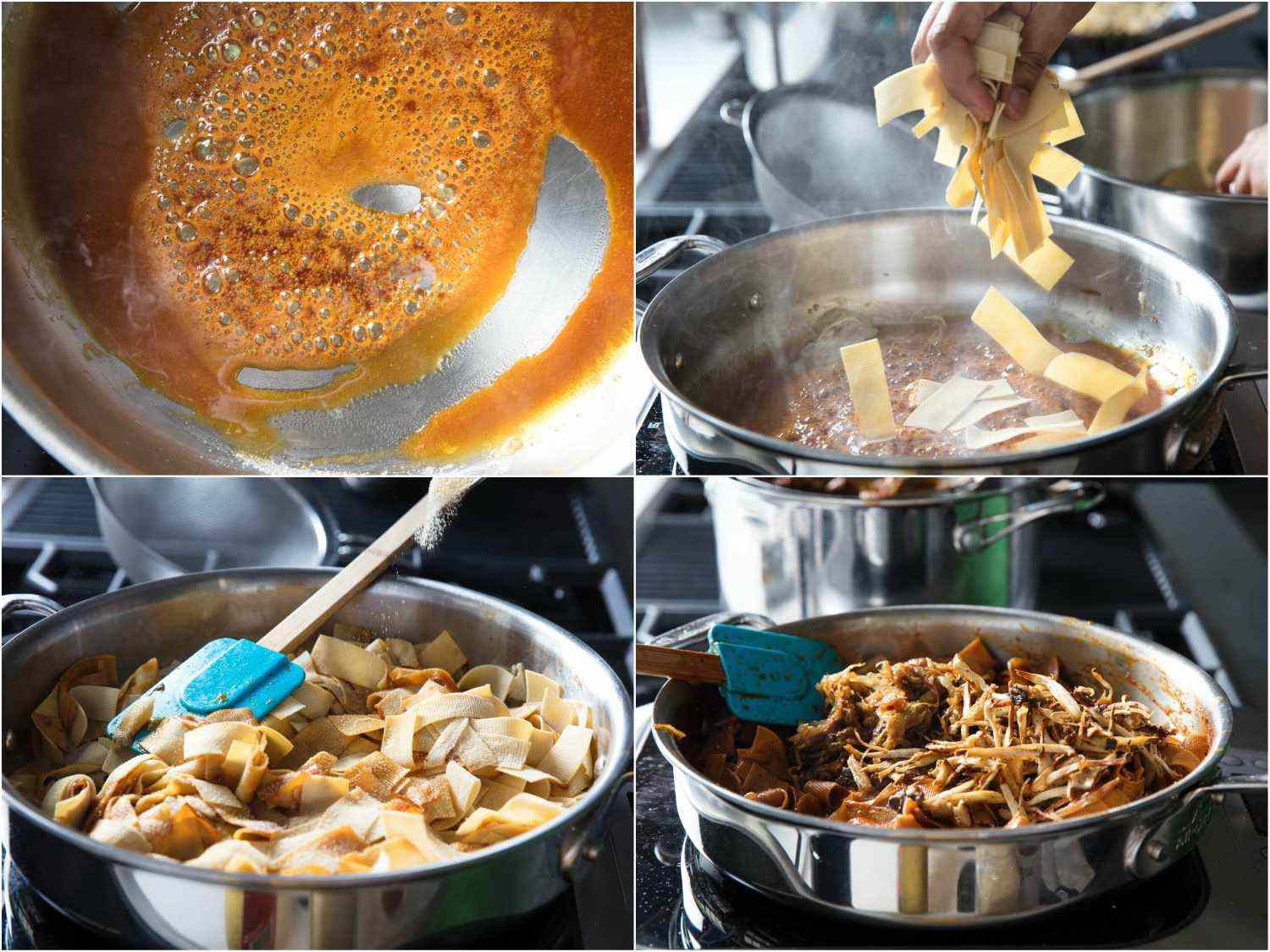 A four-image collage. The top left image shows caramel being made in a pan. The top right image shows yuba strips being added to the pan. The bottom left image shows the yuba and caramelized sauce being tossed together. The bottom right image shows the browned mushrooms being stirred into the yuba.