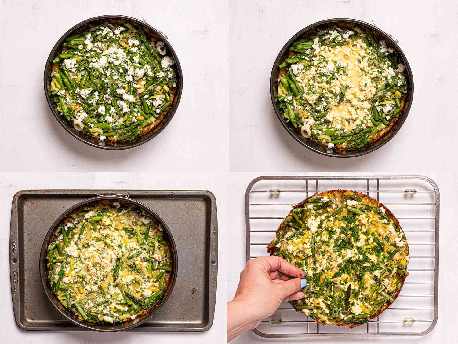 Smashed potato tart preparation steps on display, including assembly, baking, and cooling on a rack.