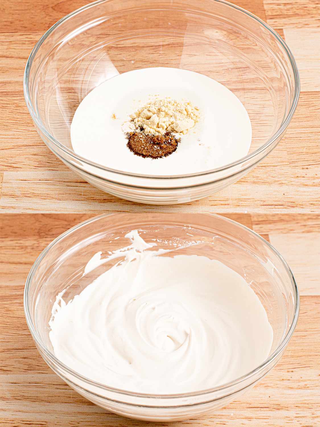 A two-image collage. The top image shows a glass bowl holding the heavy cream, sugar, and spices. The bottom image shows the ingredients fully incorporated into the cream, which is now whipped.