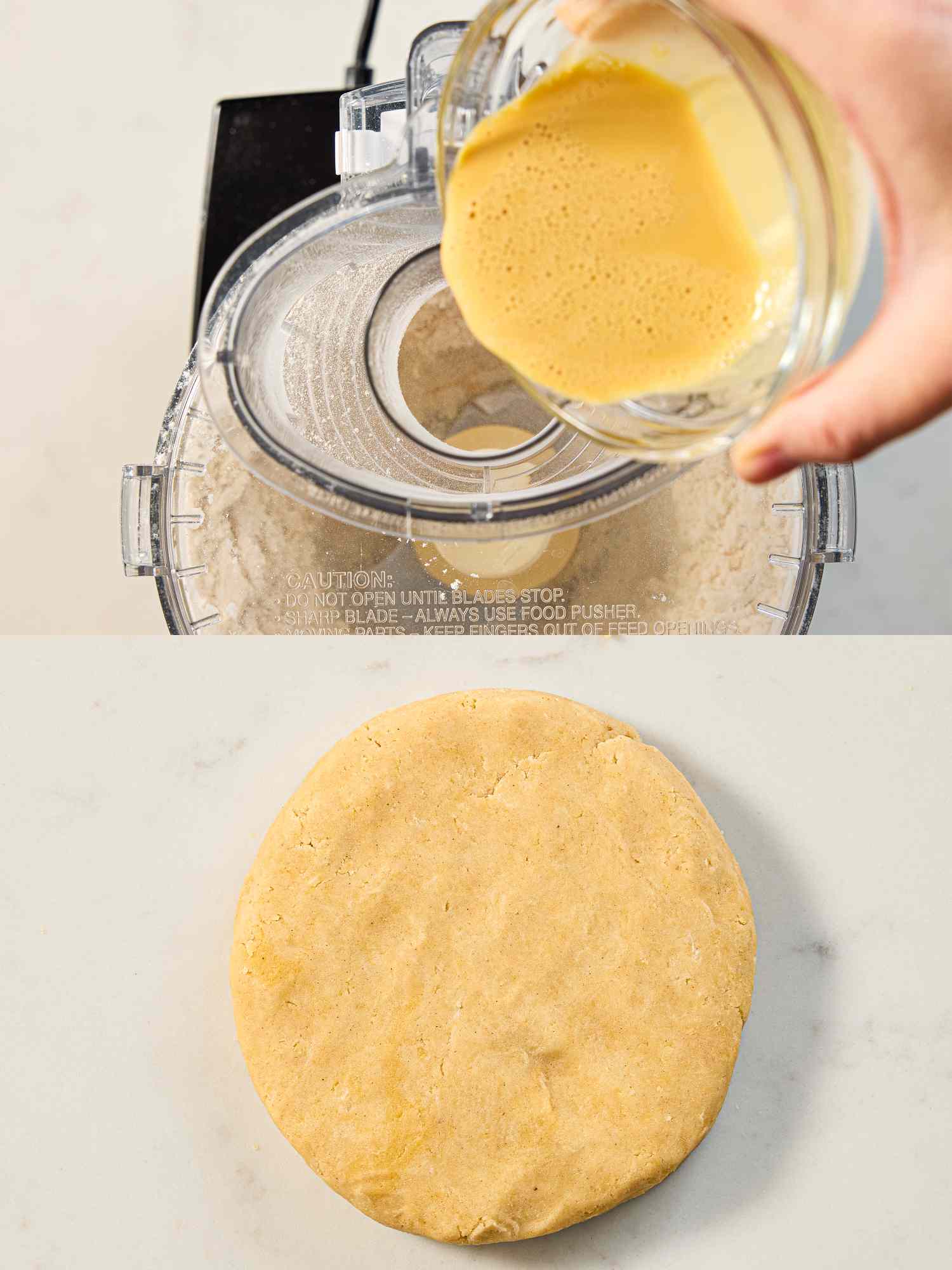 Preparing tart dough in a food processor with ingredients and formed dough disk shown
