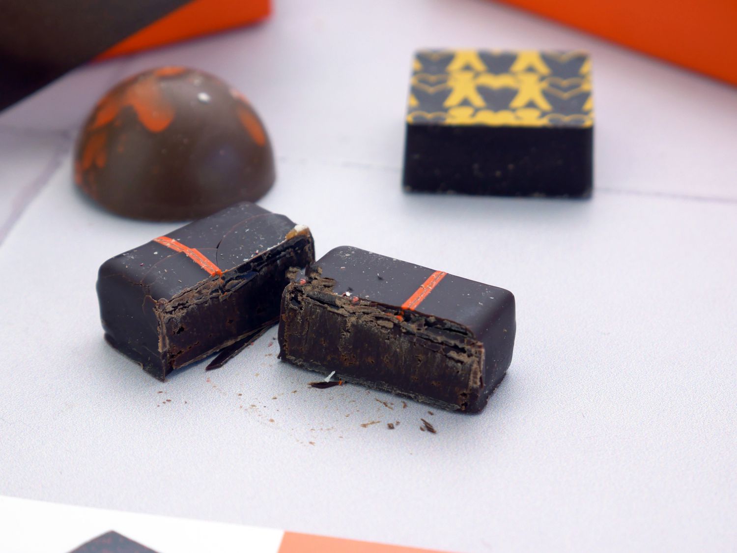 closeup of chocolate broke in half