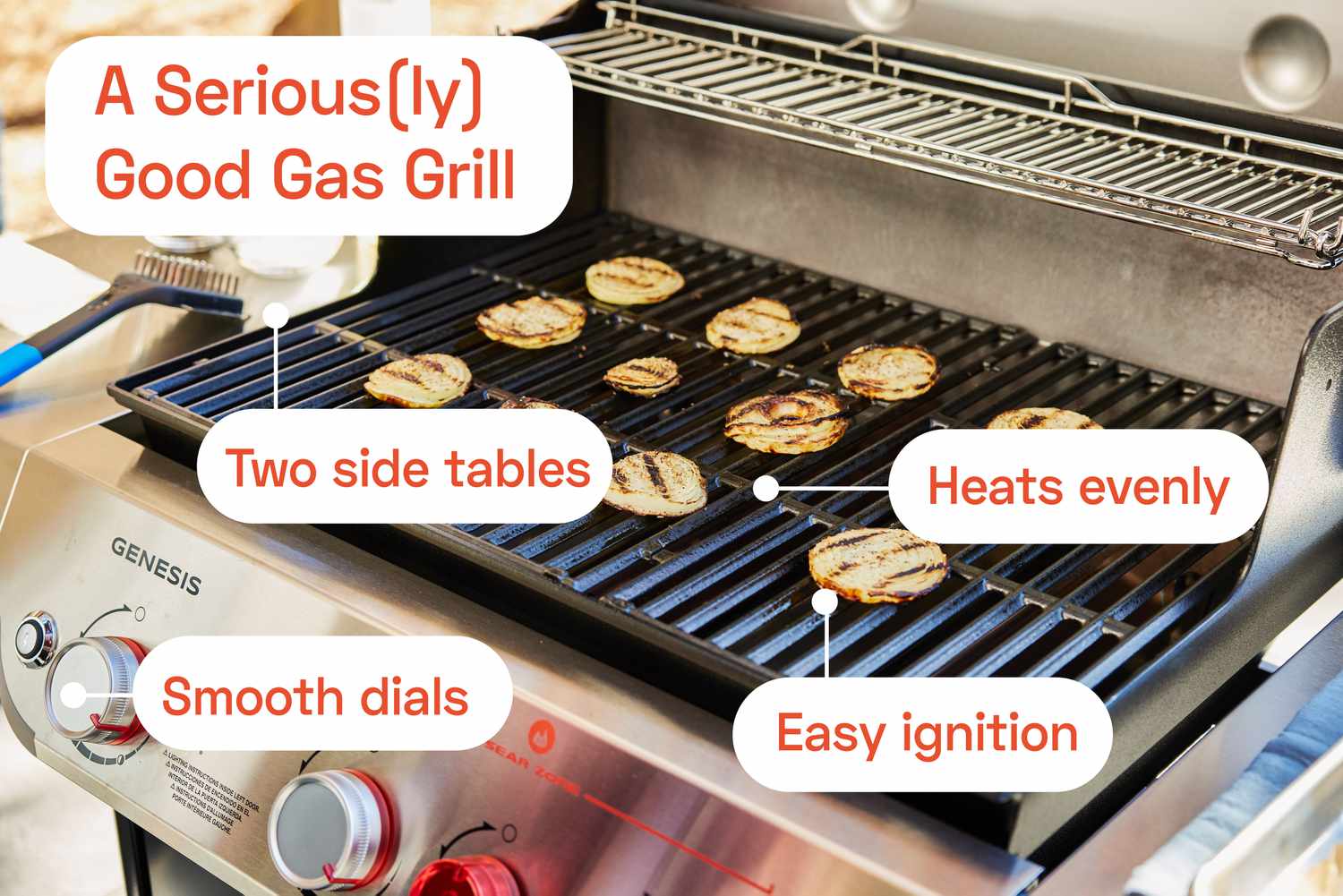 Onion rounds cooking on Weber Genesis E-325s 3-Burner Gas Grill with labels noting two side tables, heats evenly, smooth dials, easy ignition