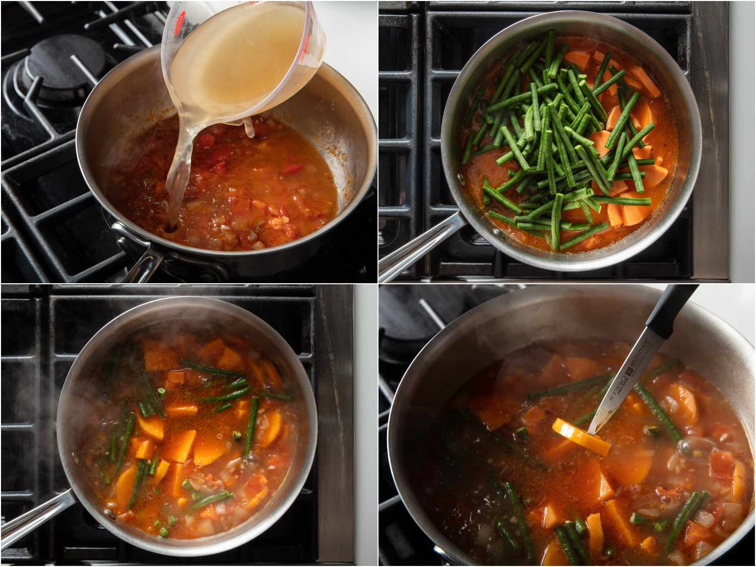 collage: dashi added; green beans and sweet potato added; vegetables cooked; a knife showing some resistance in the sweet potato