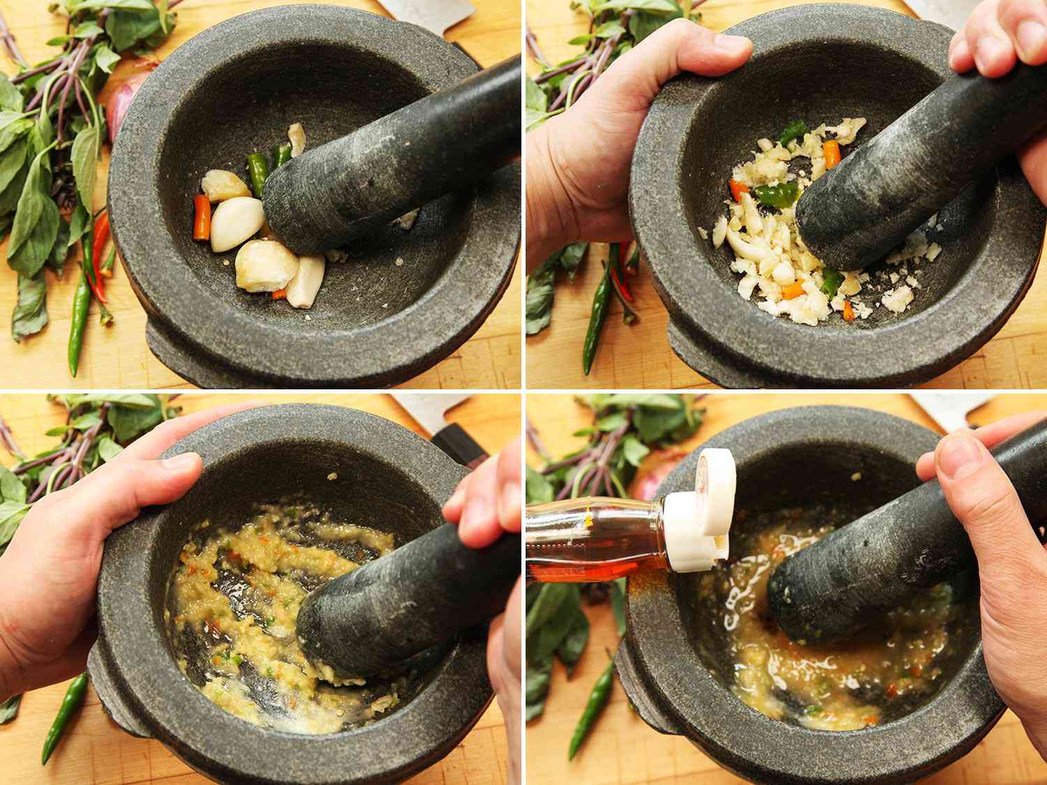 Collage of Thai chiles, garlic, and sugar being pounded together in a mortar and pestle. The paste is then loosened a bit with fish sauce and soy sauce.