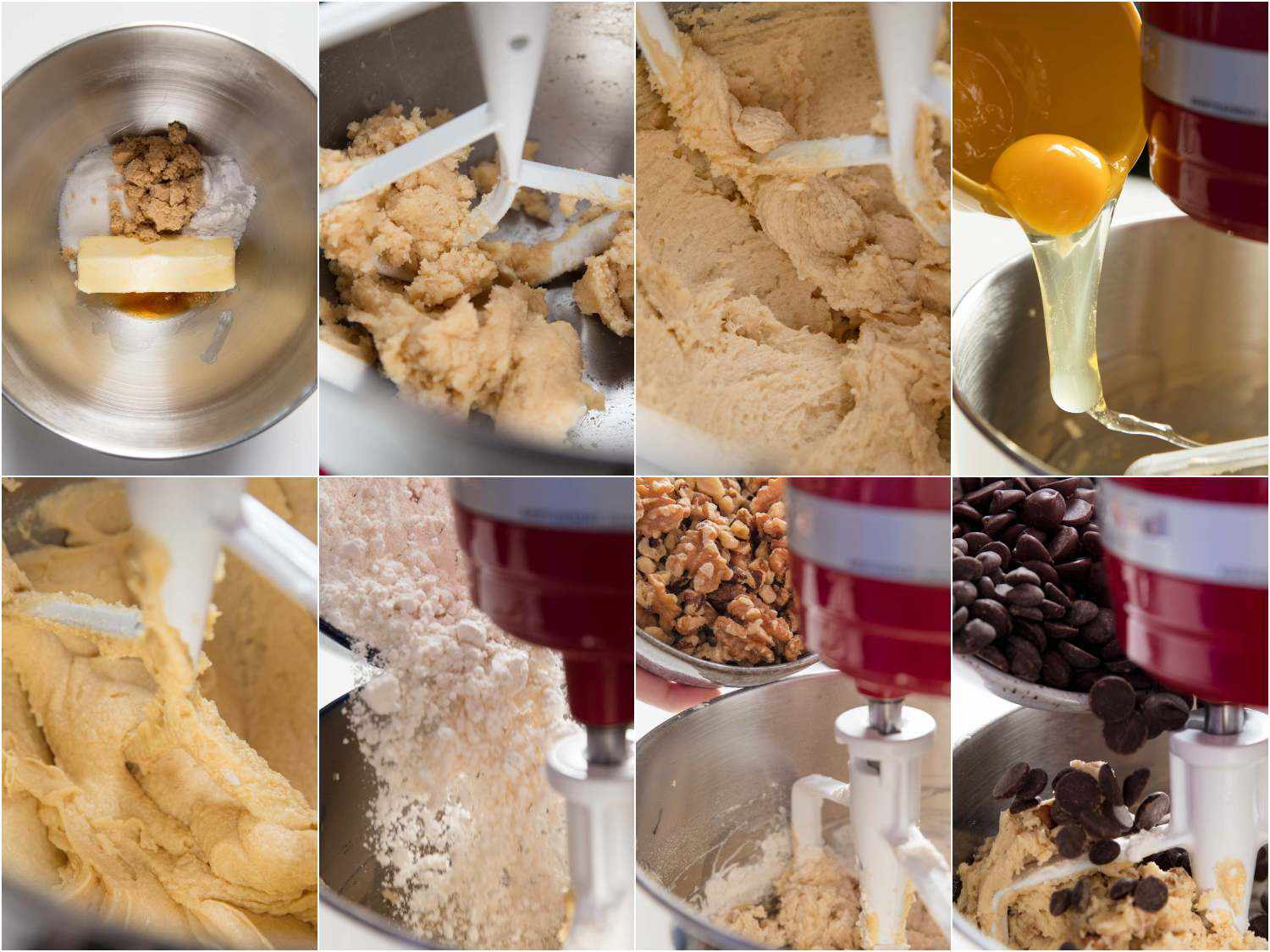 A collage of 8 photos showing how to cream the butter and sugars together, incorporate eggs, add flour, nuts, and chocolate chips to make Levain-style chocolate chip cookies. 