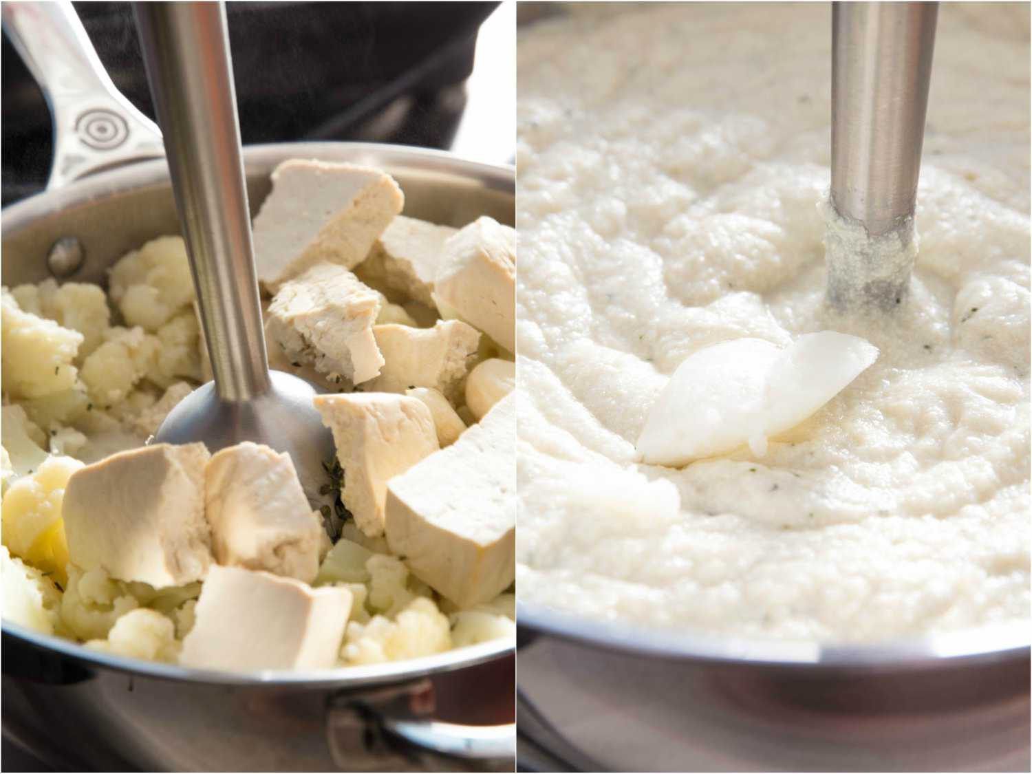 Puréeing cauliflower and tofu.