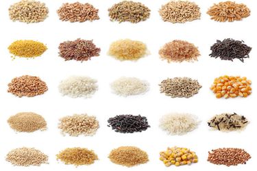 small piles of 25 different whole grains such as different rices, corn, wheat berries, millet, and others. 