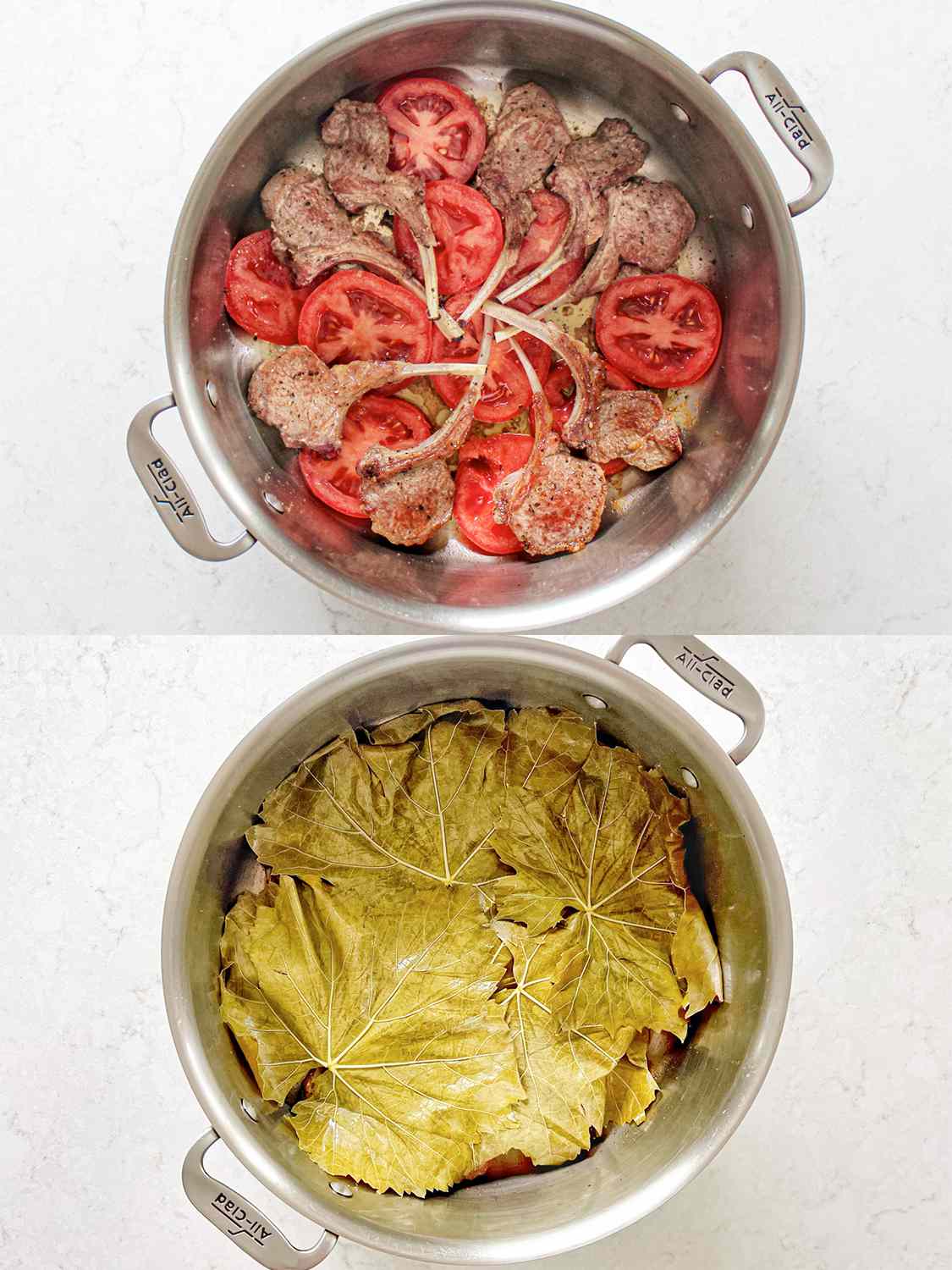 Two Image Collage. Top: Lamb and Tomato layered together at the bottom of a pot. Bottom: Lamb and tomato layer covered with grape leaves