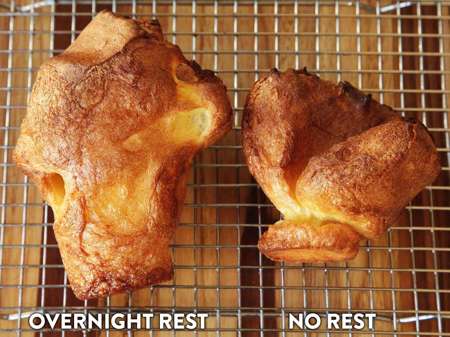 Comparing Yorkshire puddings cooked from rested and un-rested batter on a wire rack