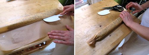 Collage of rolling ramp compound butter in parchment paper