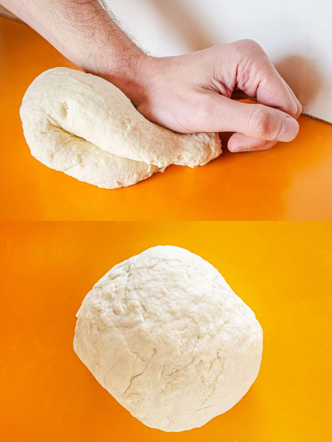 Two Image Collage. Top image: a hand kneading dough on an orange surface. Bottom image: a round ball of dough on an orange surface