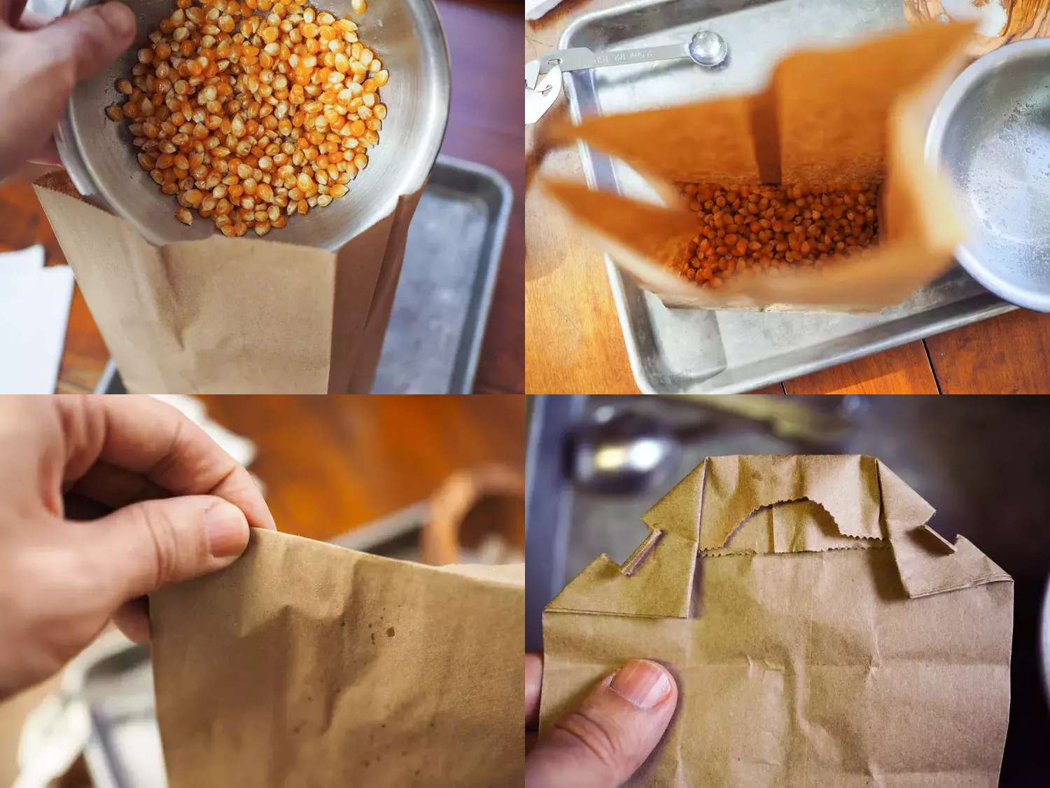 A four-image collage. The top left image shows popcorn coated with salt and oil being poured from a metal mixing bowl into a brown paper lunch bag. The top right image shows the interior of the lunch bag, now with popcorn kernels in it. The bottom left image shows the top of the paper bag being folded over. The bottom right image shows the top of the bag folded over with the corners being torn and folded to keep it from popping open.