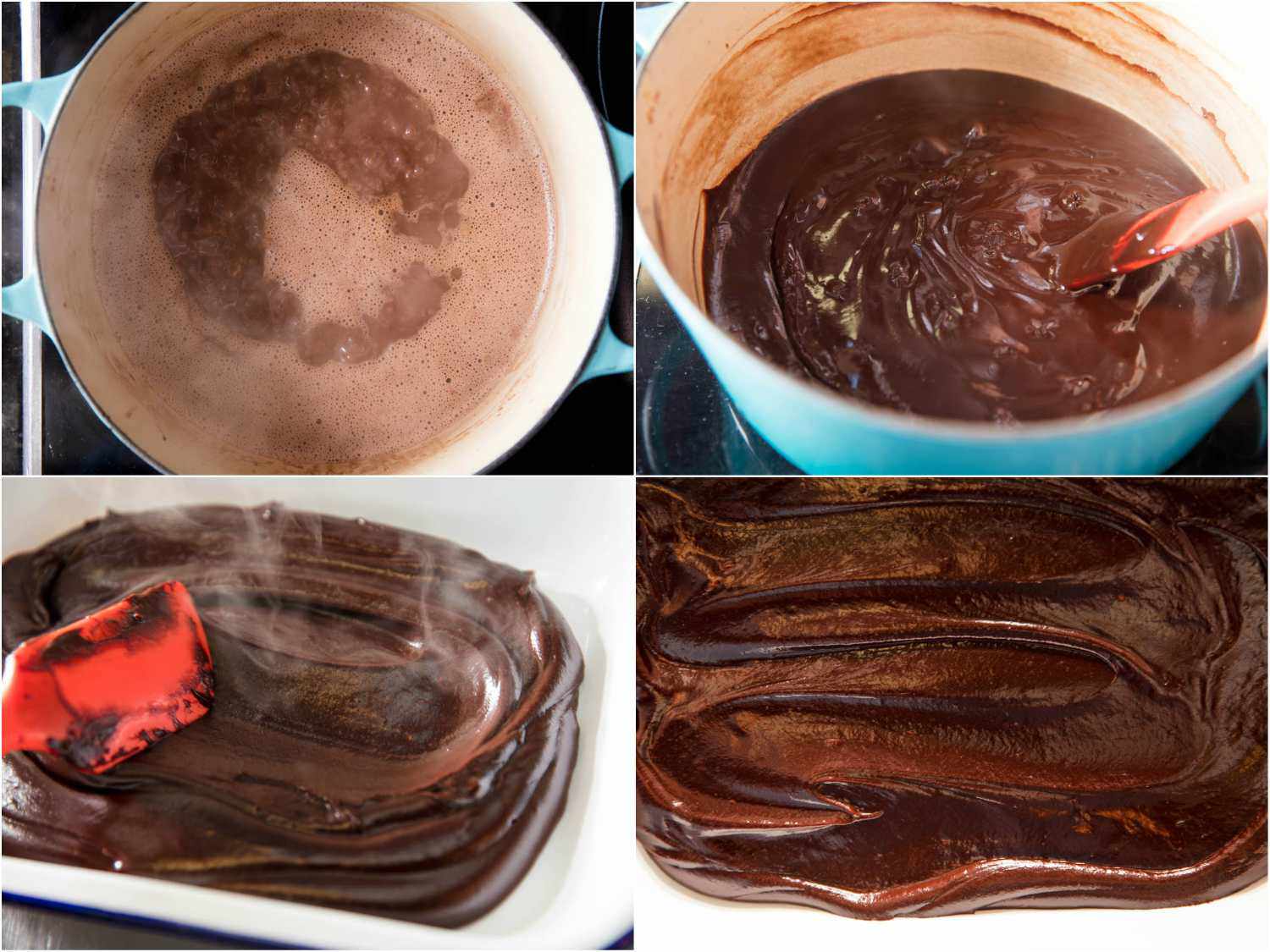 A 4-image collage of making the pudding base for eggless chocolate mousse: the mousse mixture simmering, reducing until thicken, transferred to a baking dish to cool. 