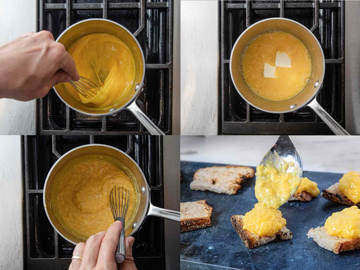 Four Image Collage. Clockwise from top left: Whisking eggs in a pan; butter added to eggs; whisking eggs and butter, showing a scrambled texture; spooning soft scrambled eggs onto toast