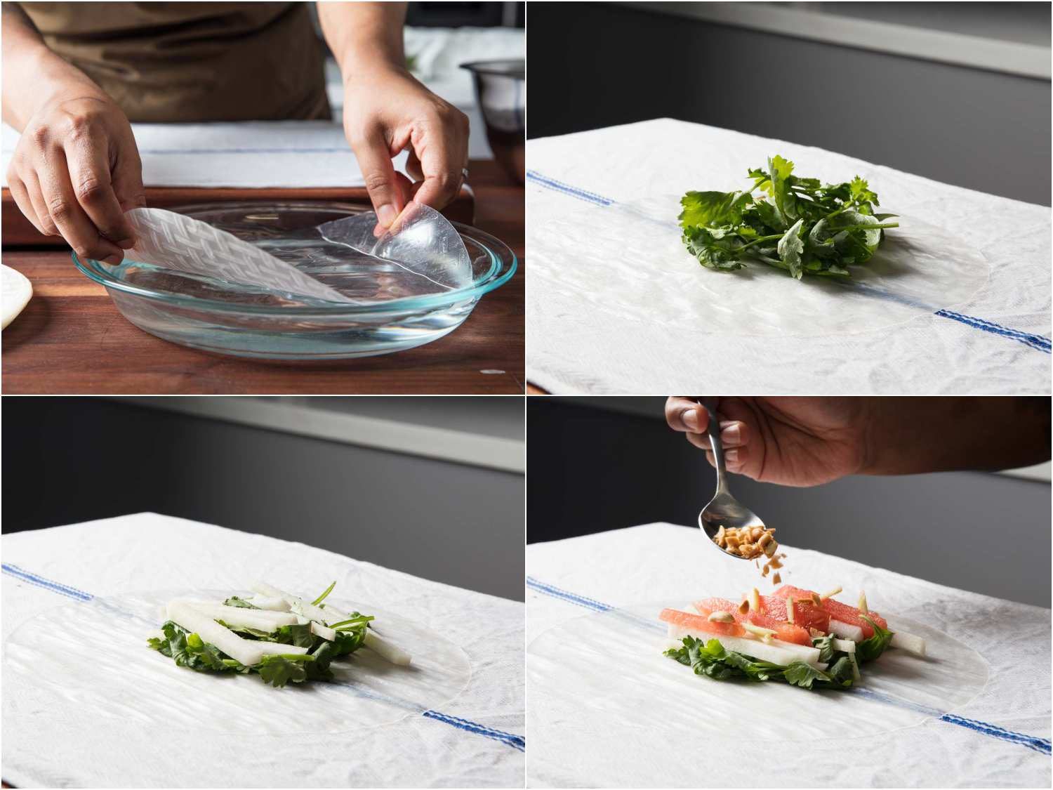 Adding watermelon, jicama, herbs, and peanuts to rice paper wrap for a summer roll