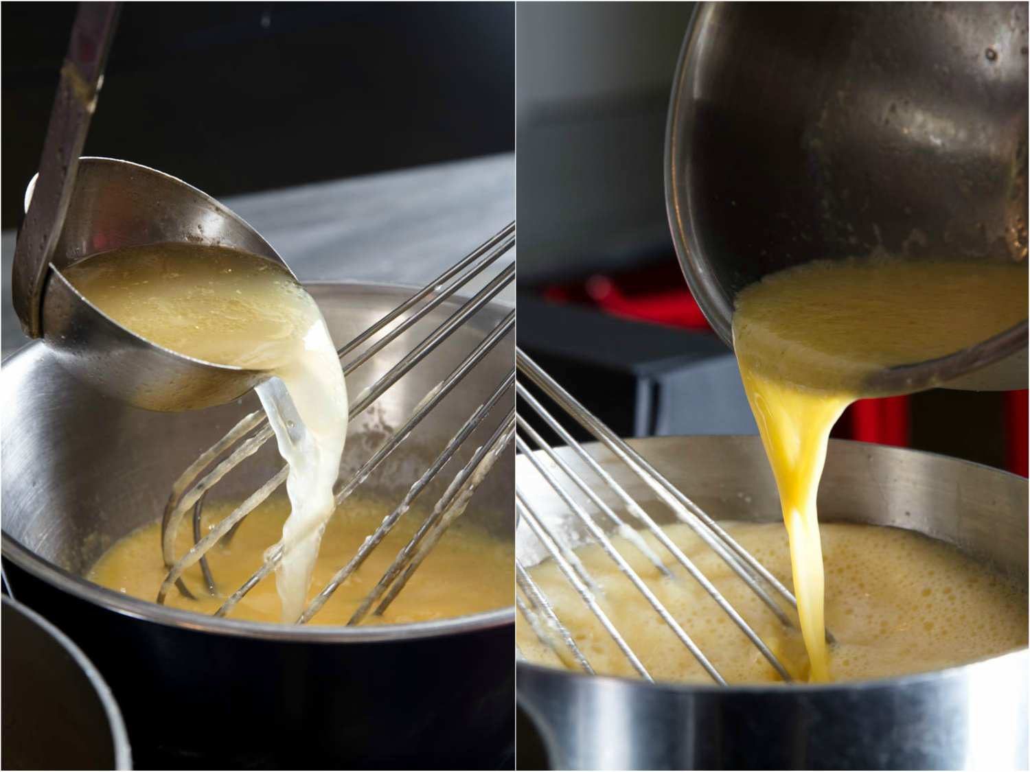 Side by side photos of ladling and whisking hot broth into the egg mixture.