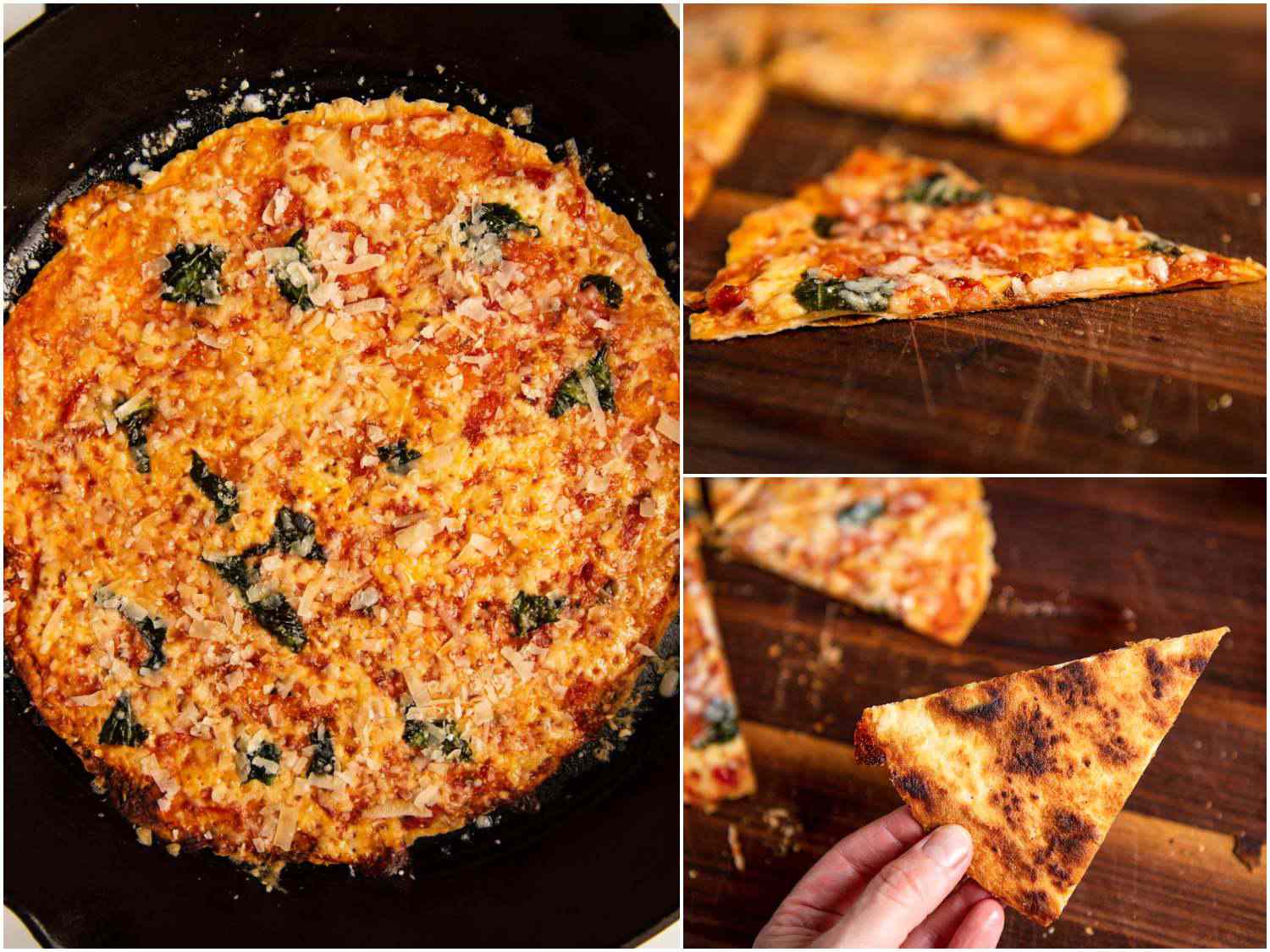 A collage of three photos showing a finished tortilla pizza, a slice on a cutting board, and the crispy bottom of a slice of pizza. 