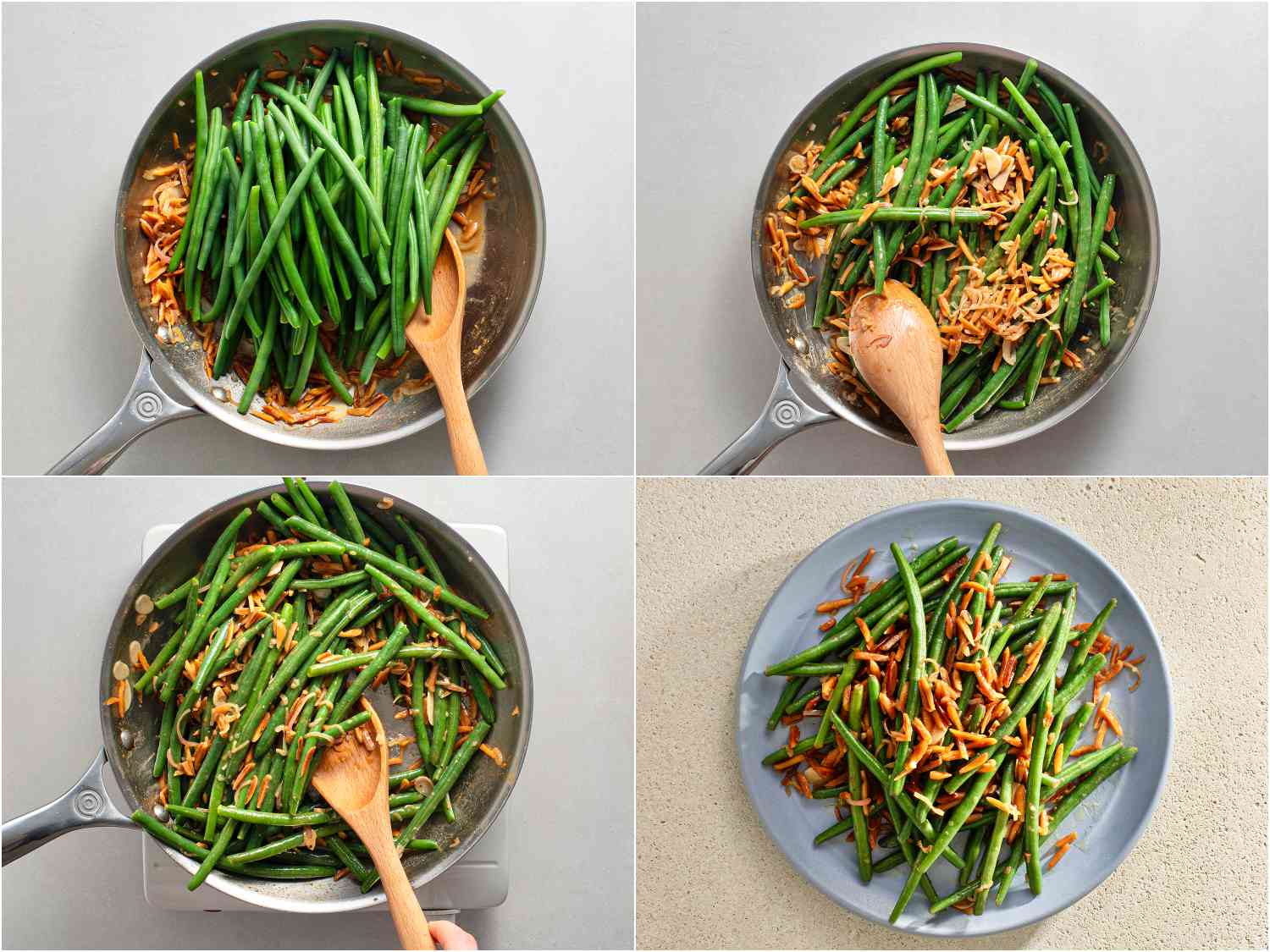 A collage showing the blanched and chilled green beans being tossed with the sauce and then plated.