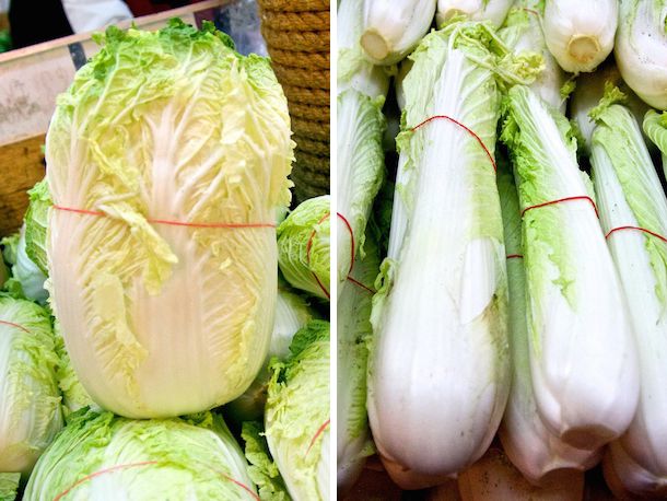 A split image showing Napa on one side and michihili cabbage on the other
