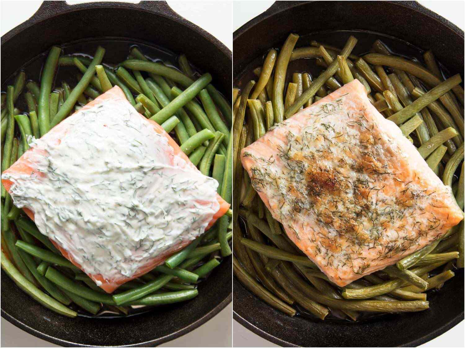 Before and after of broiled salmon
