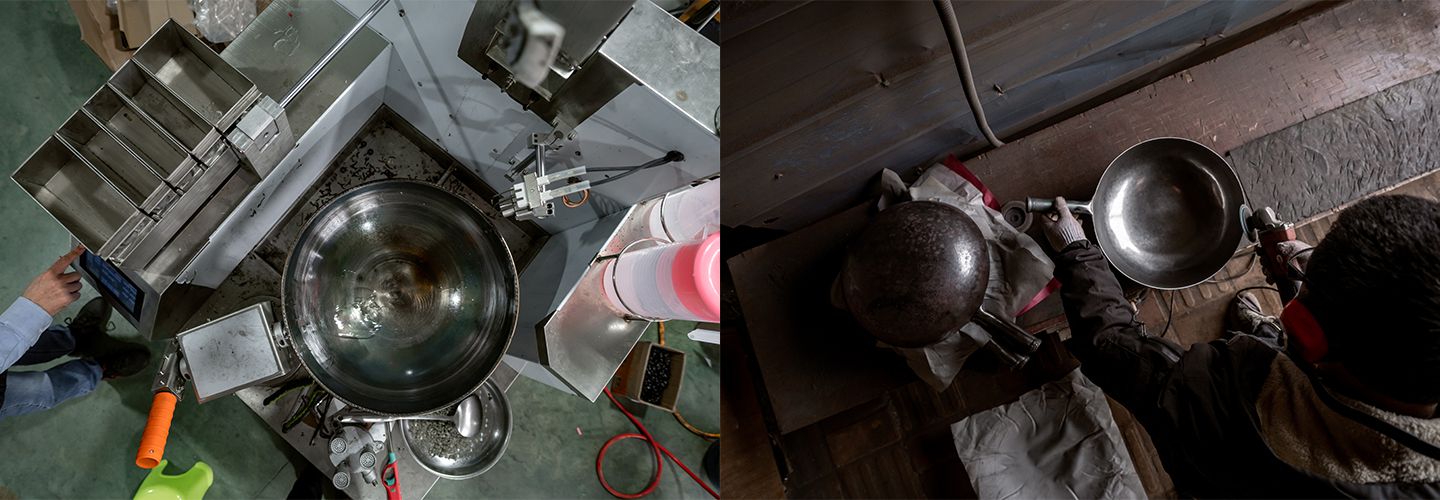 Side by side photos of a top down view of a wok being made in a factory by a machine and a wok being finished by hand