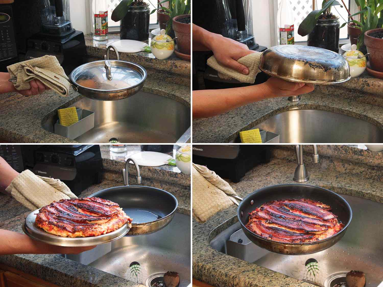 A collage showing how to invert an okonomyaki onto a plate
