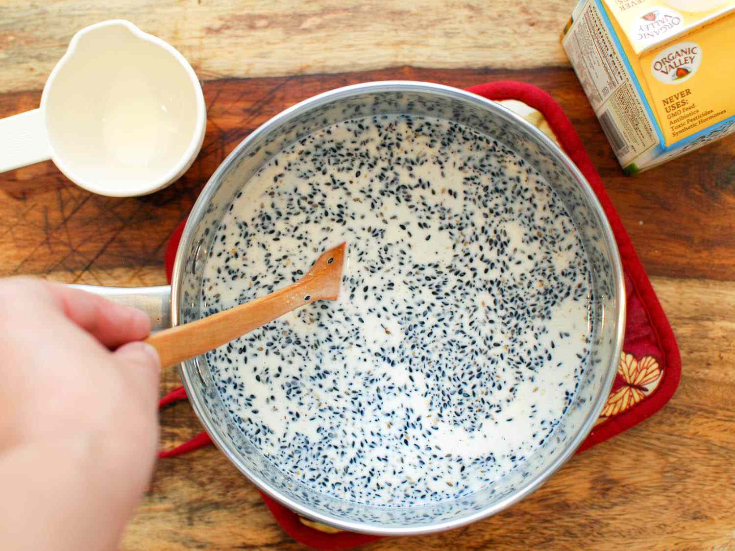 Heavy cream is stirred into the pudding base.