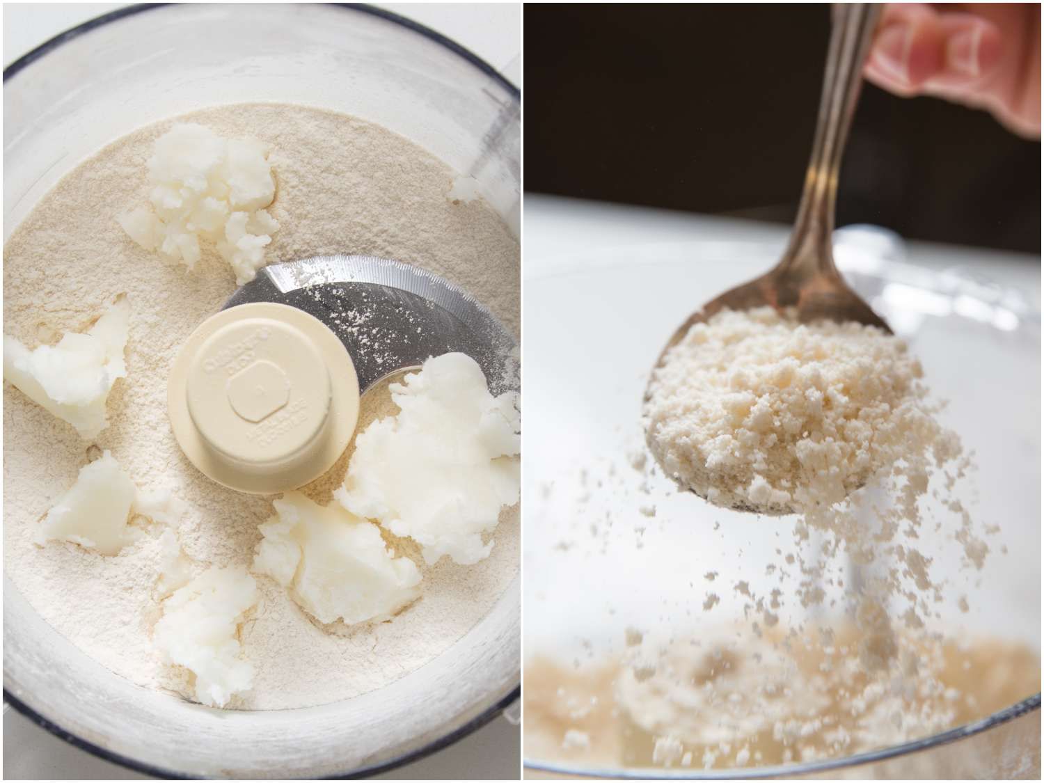 Side by side images showing before and after coconut oil being added to the dry ingredients for pancake mix. The after mixture looks crumbly.
