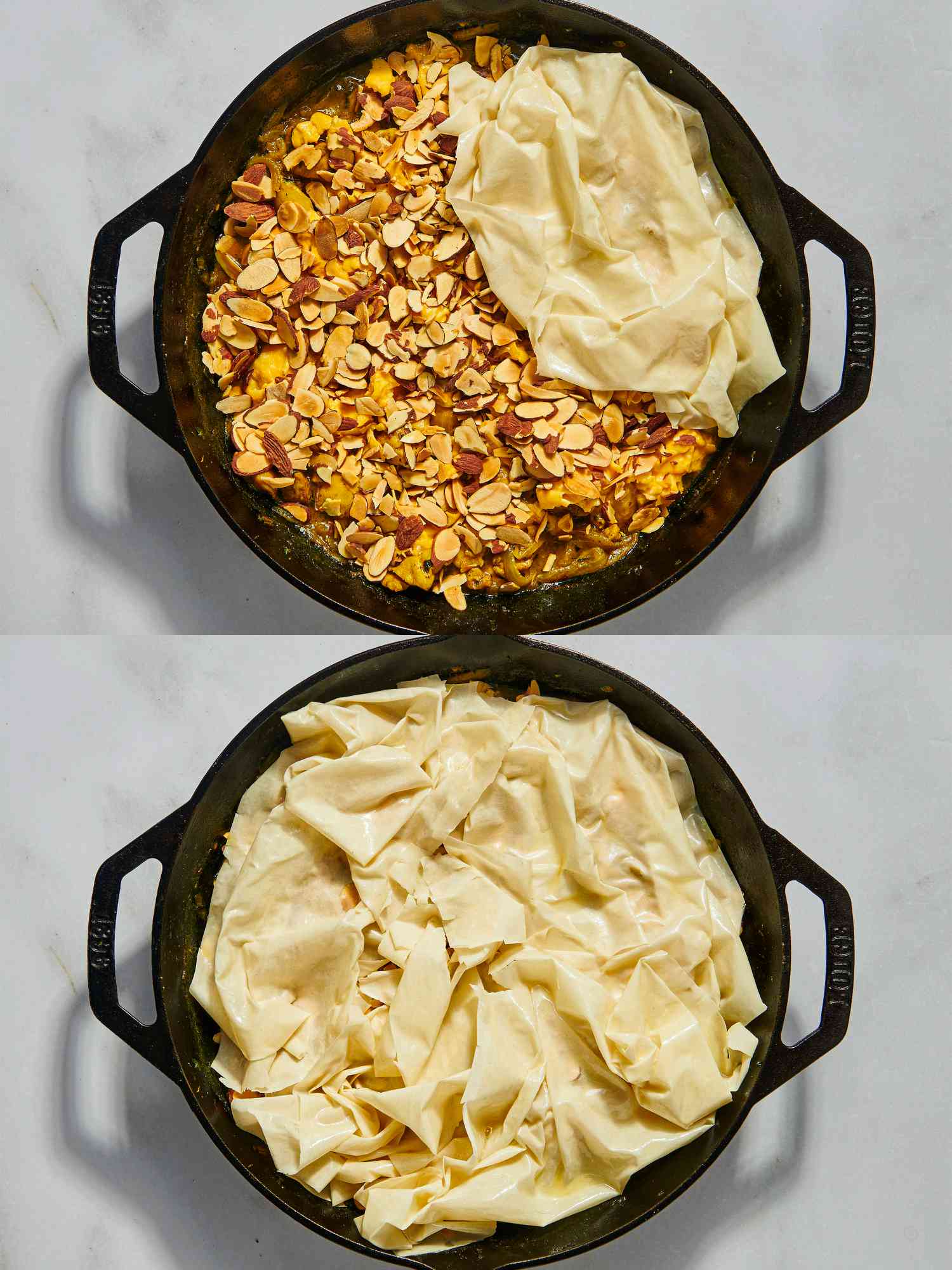 Two image collage of adding puff pastry to skillet