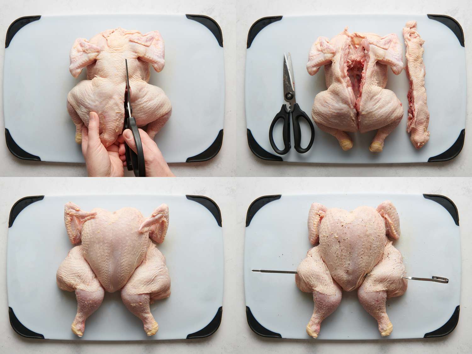 Collage showing the process of cutting the backbone out of a chicken and skewering the legs and breast together.