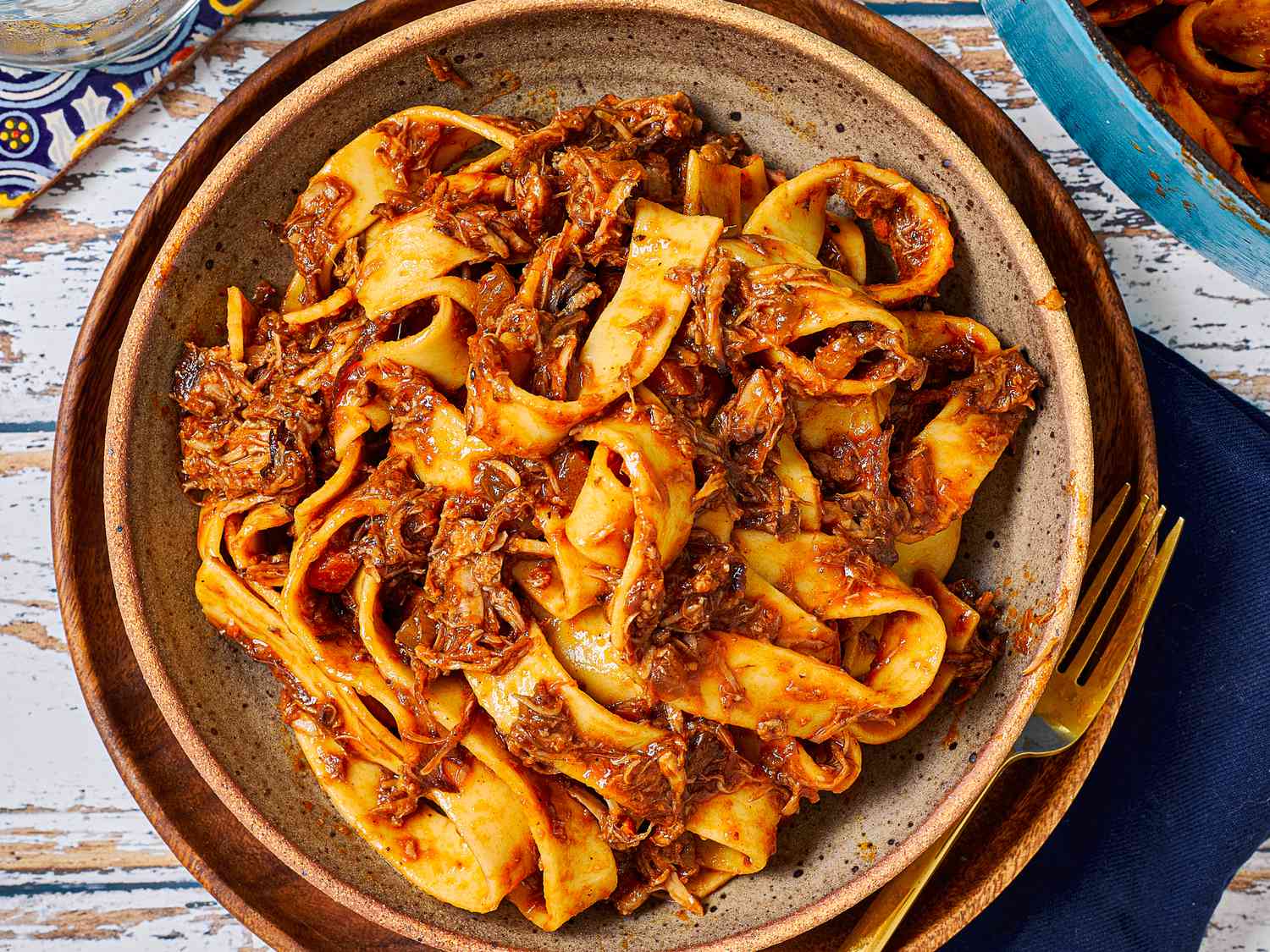 Close up view of pappardelle with pork 