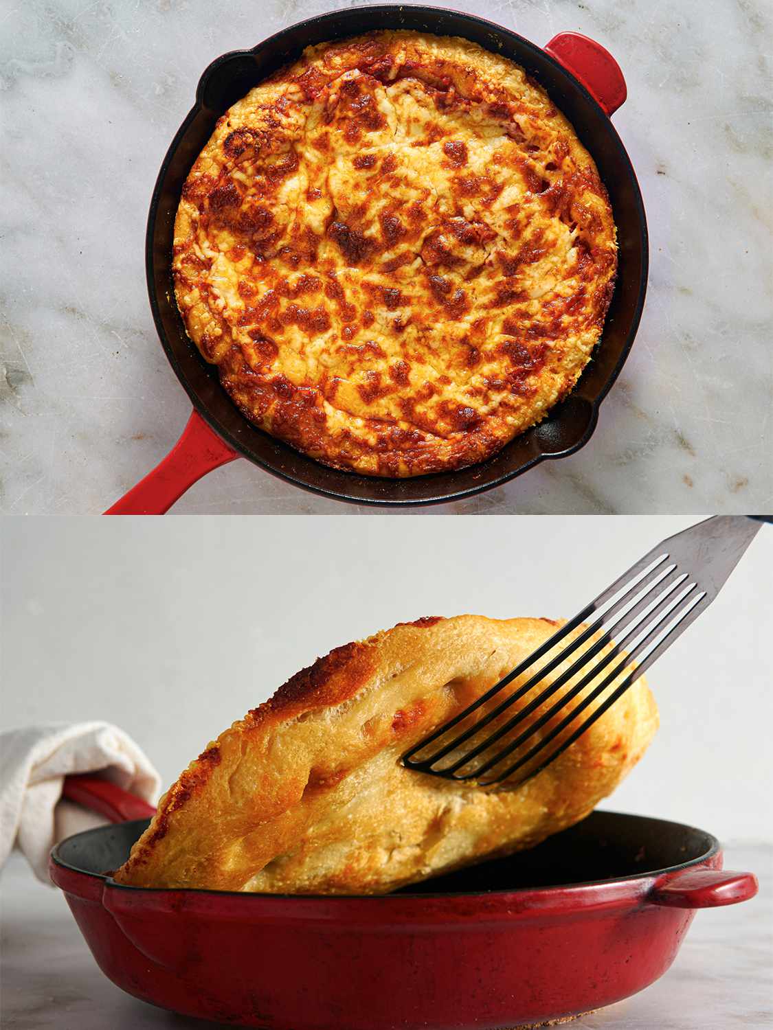 A two-image collage. The top image is a top-down shot of the pizza, now fully cooked and browned, inside of the cast iron pan. The bottom image is a shot of the pizza being lifted out of the pan with a slotted spatula, showing off how the bottom is golden and browned.
